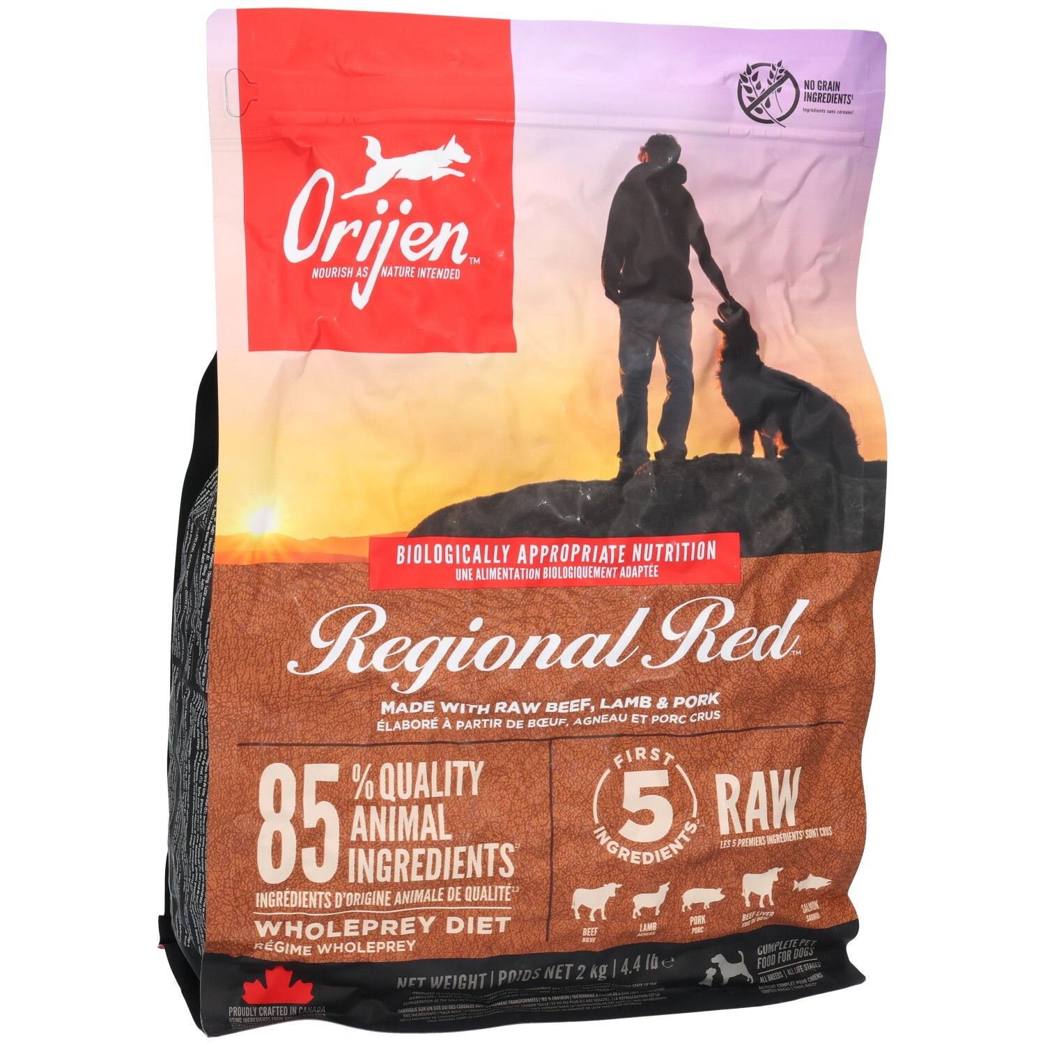 Beutel mit ORIJEN DOG REGIONAL RED. Aufschrift "Regional Red", 85% tierische Zutaten. Abbildung von Mann und Hund.