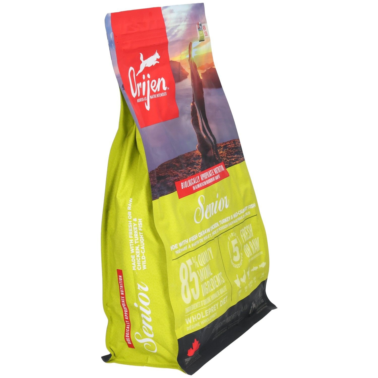 Orijen Senior Hundefutter-Sack, Seitenansicht, mit Bild eines Mannes und Hundes bei Sonnenuntergang.