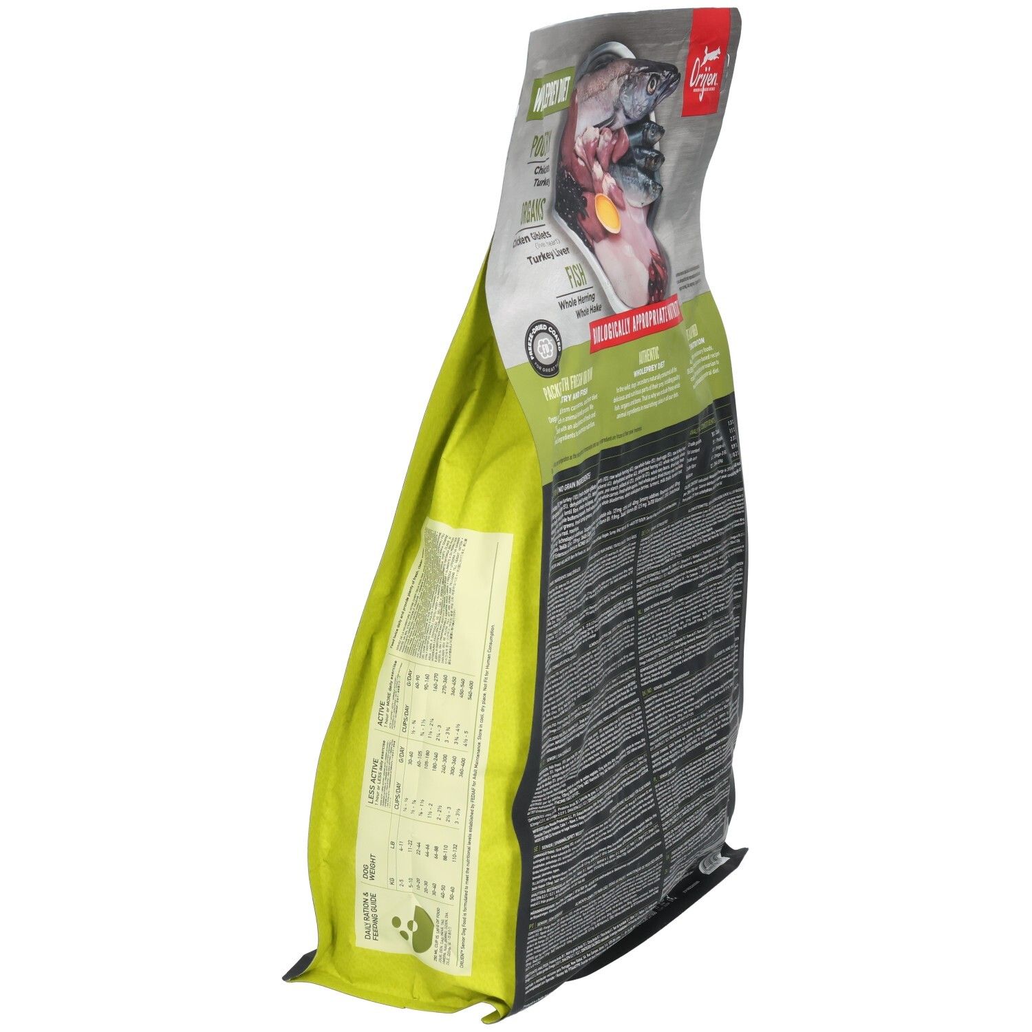Orijen Dog Senior 2 kg Beutel, Seitenansicht. Enthält Informationen zu Zutaten und Nährwerten. Logo und Produktbezeichnung deutlich sichtbar.