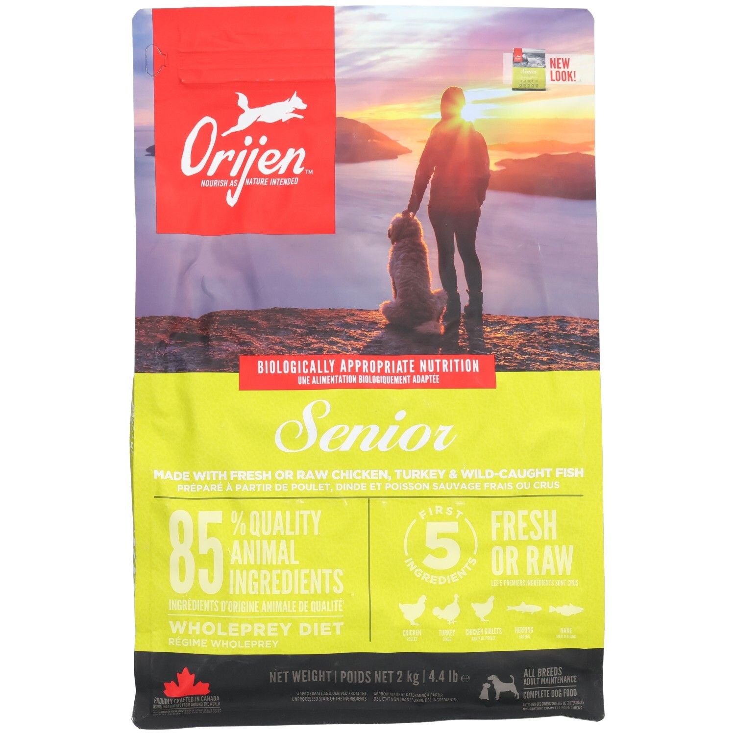 Orijen Dog Senior 2 kg Beutel. Enthält Logo und Abbildung. Aufschrift: Senior, biologisch geeignete Ernährung. 85% tierische Zutaten.