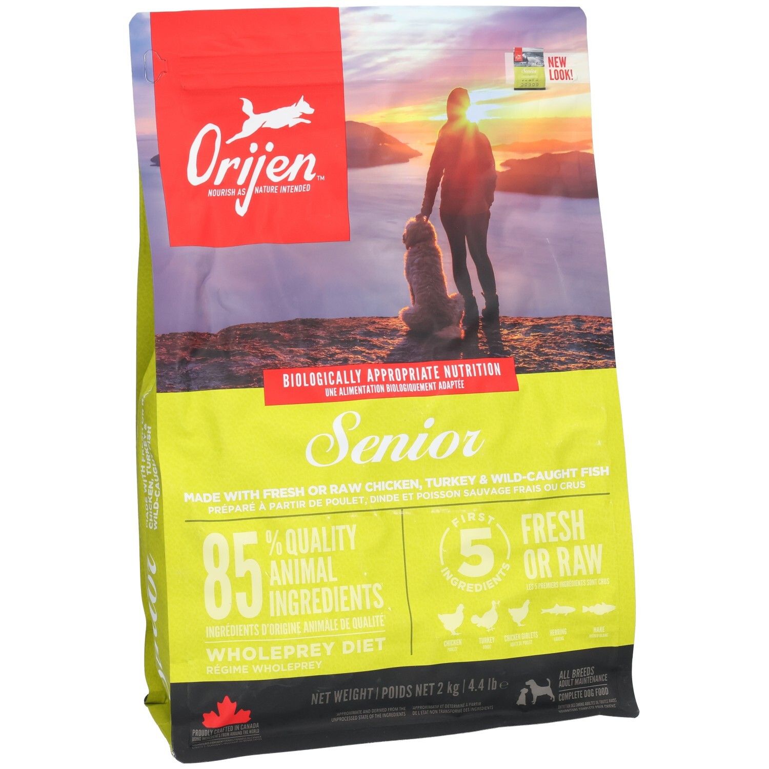 Orijen Dog Senior 2 kg Beutel. Logo und Abbildung. Aufschrift: Senior, biologisch geeignete Ernährung. 85% tierische Zutaten.