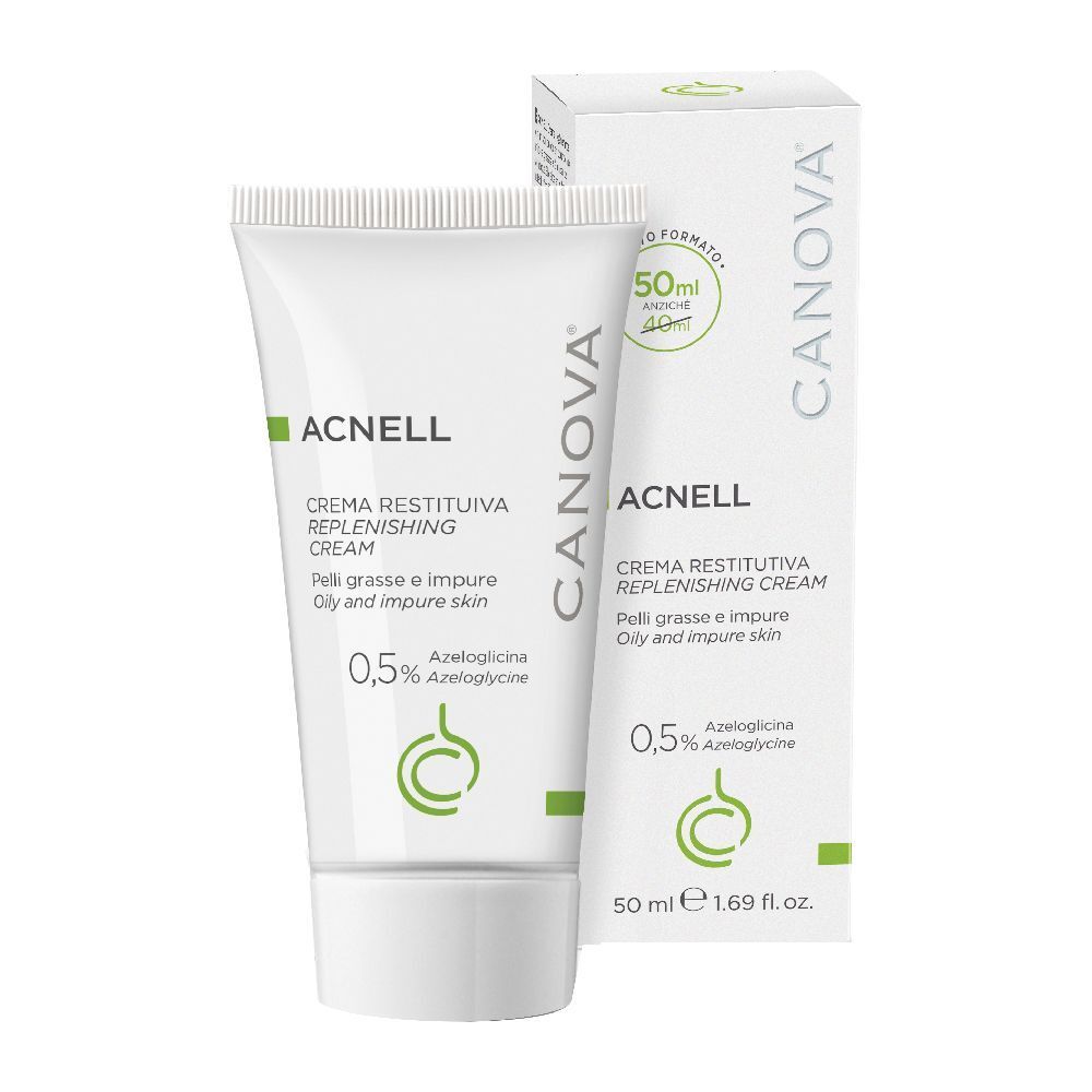 Creme-Tube und Schachtel. Aufschrift ACNELL, CREMA RESTITUTIVA, 0,5% Azeloglycine. Weiße Verpackung mit grünen Akzenten.