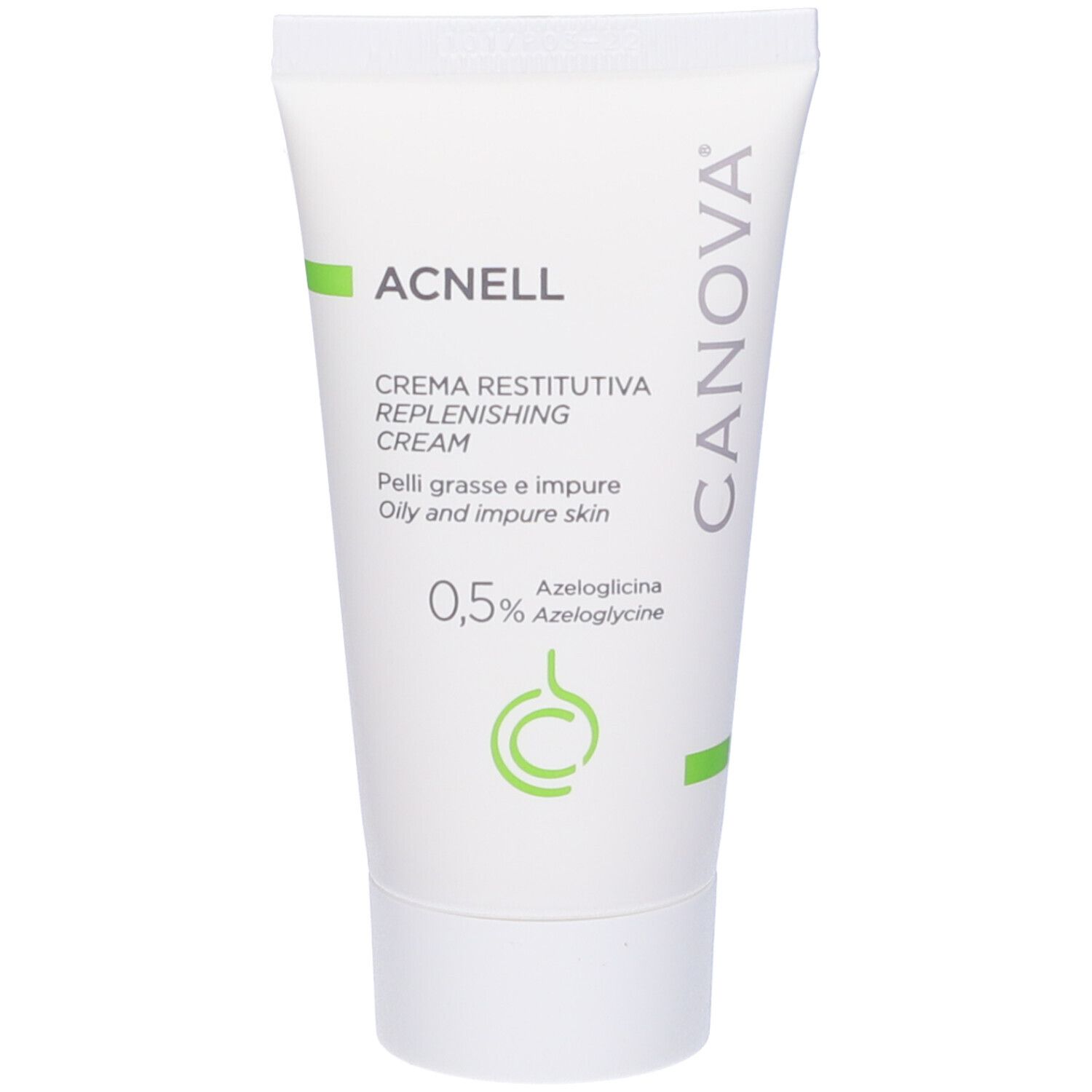 Weiße Tube mit Aufschrift ACNELL, CREMA RESTITUTIVA, 0,5% Azeloglycine. Grüner Streifen. Aufschrift CANOVA.