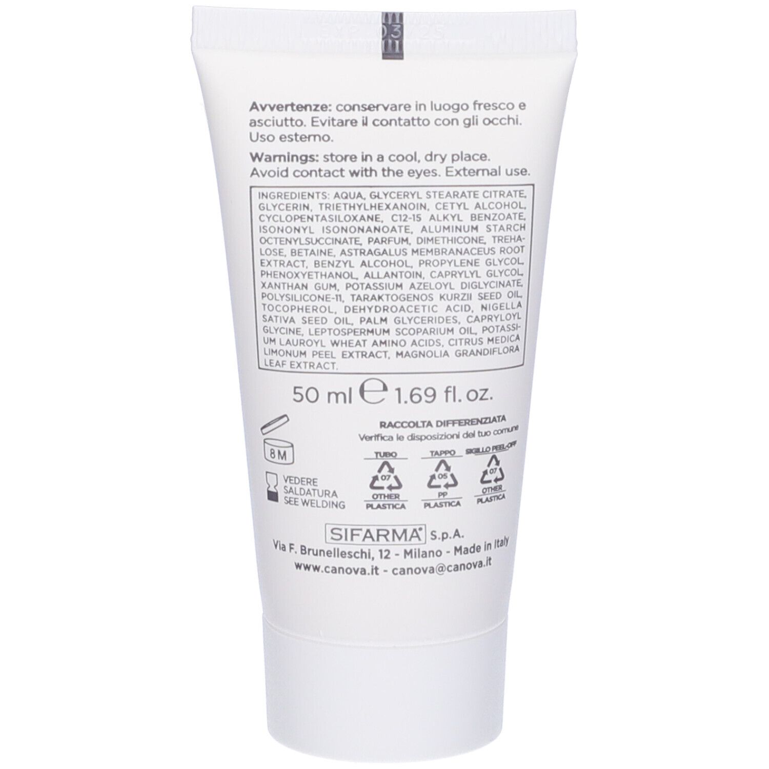 Rückseite der Tube. Text in italienischer Sprache. Inhaltsstoffe, Warnhinweise. 50 ml. Recycling-Symbole.