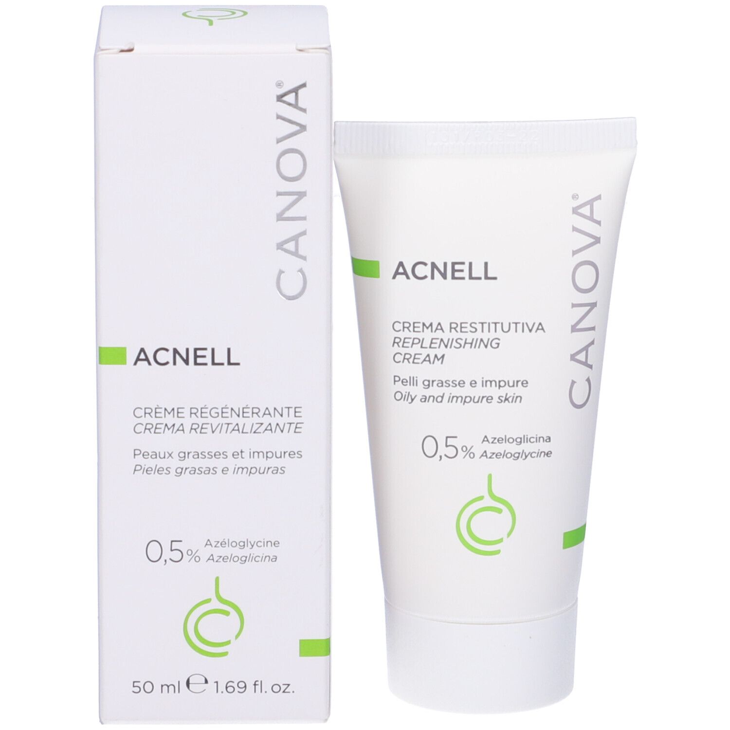 Creme-Tube und Schachtel. Aufschrift ACNELL, CRÈME RÉGÉNÉRANTE, 0,5% Azeloglycine. Weiße Verpackung mit grünen Akzenten.