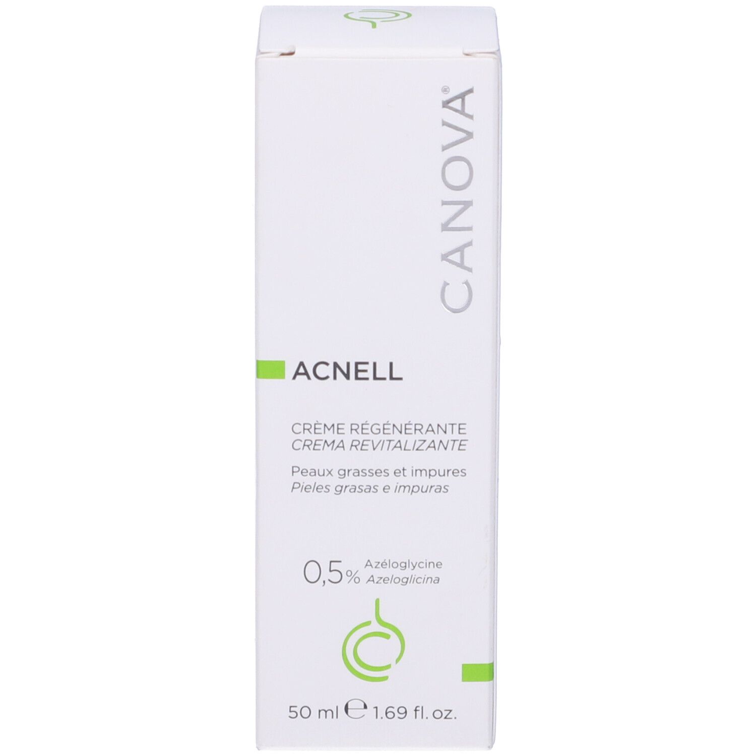 Schachtel mit Aufschrift ACNELL, CRÈME RÉGÉNÉRANTE, 0,5% Azeloglycine. Weiße Verpackung mit grünen Akzenten. CANOVA.
