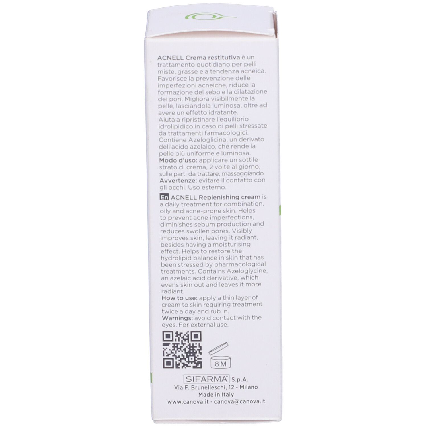 Rückseite der Schachtel. Text in Englisch und Italienisch. Produktbeschreibung, Anwendungshinweise. QR-Code.