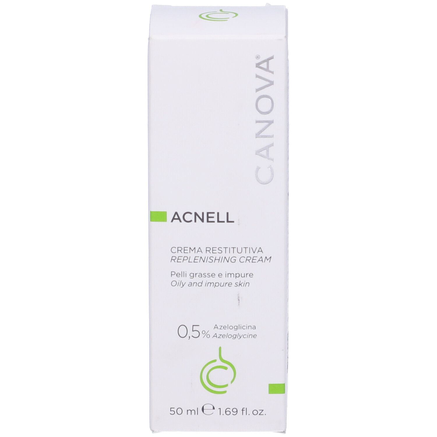 Schachtel mit Aufschrift ACNELL, CREMA RESTITUTIVA, 0,5% Azeloglycine. Weiße Verpackung mit grünen Akzenten. CANOVA.
