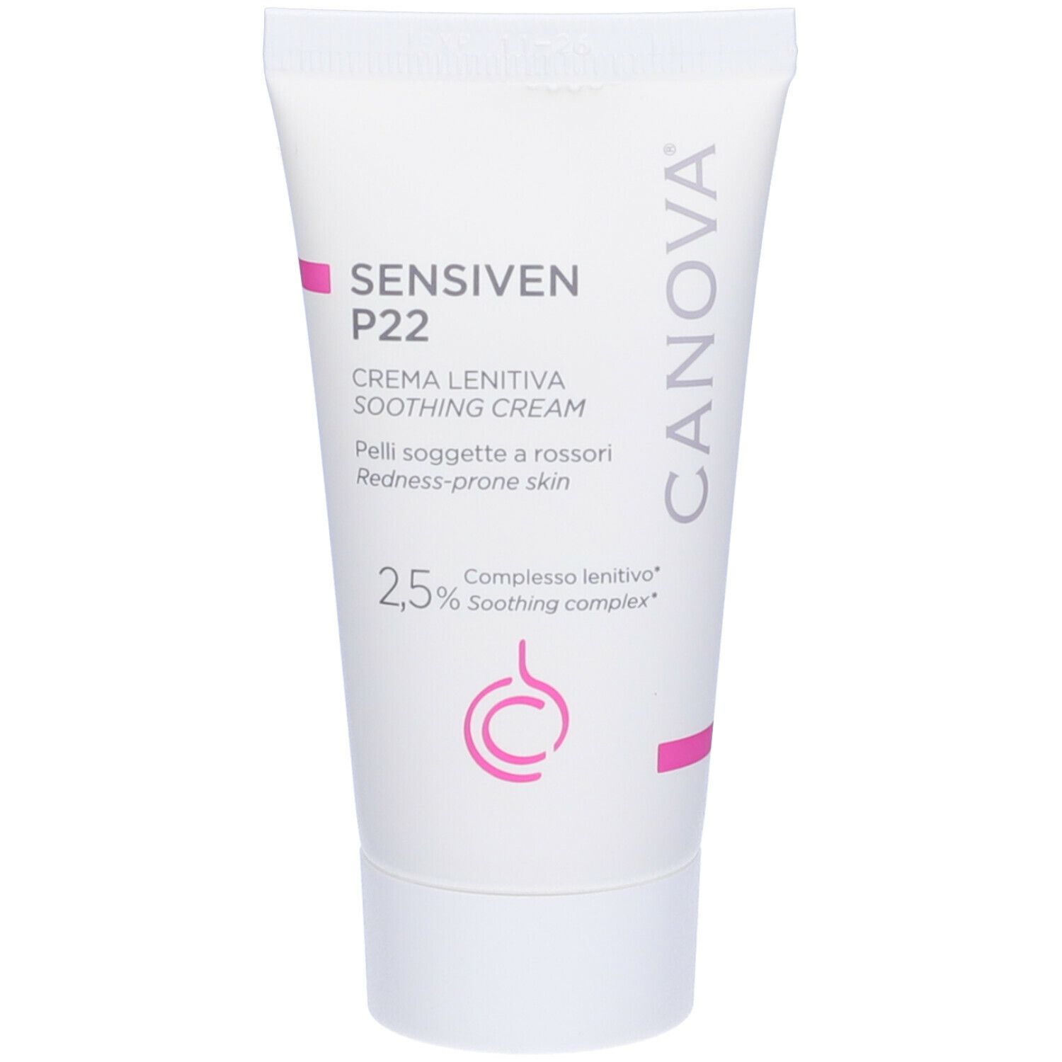 Weiße Tube mit CANOVA-Logo und Produktnamen SENSIVEN P22. Enthält beruhigende Creme für gerötete Haut. Rosa Akzente.