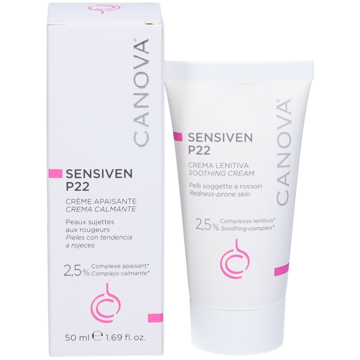 Produktverpackung mit Tube und Schachtel. CANOVA SENSIVEN P22, beruhigende Creme. Rosa Akzente und Logo.