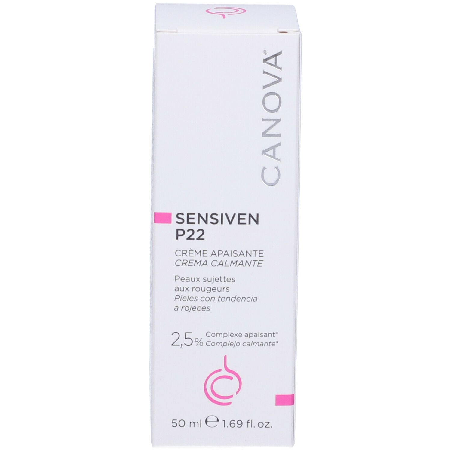 Weiße Schachtel mit CANOVA-Logo und Produktnamen SENSIVEN P22. Enthält beruhigende Creme. Rosa Akzente.