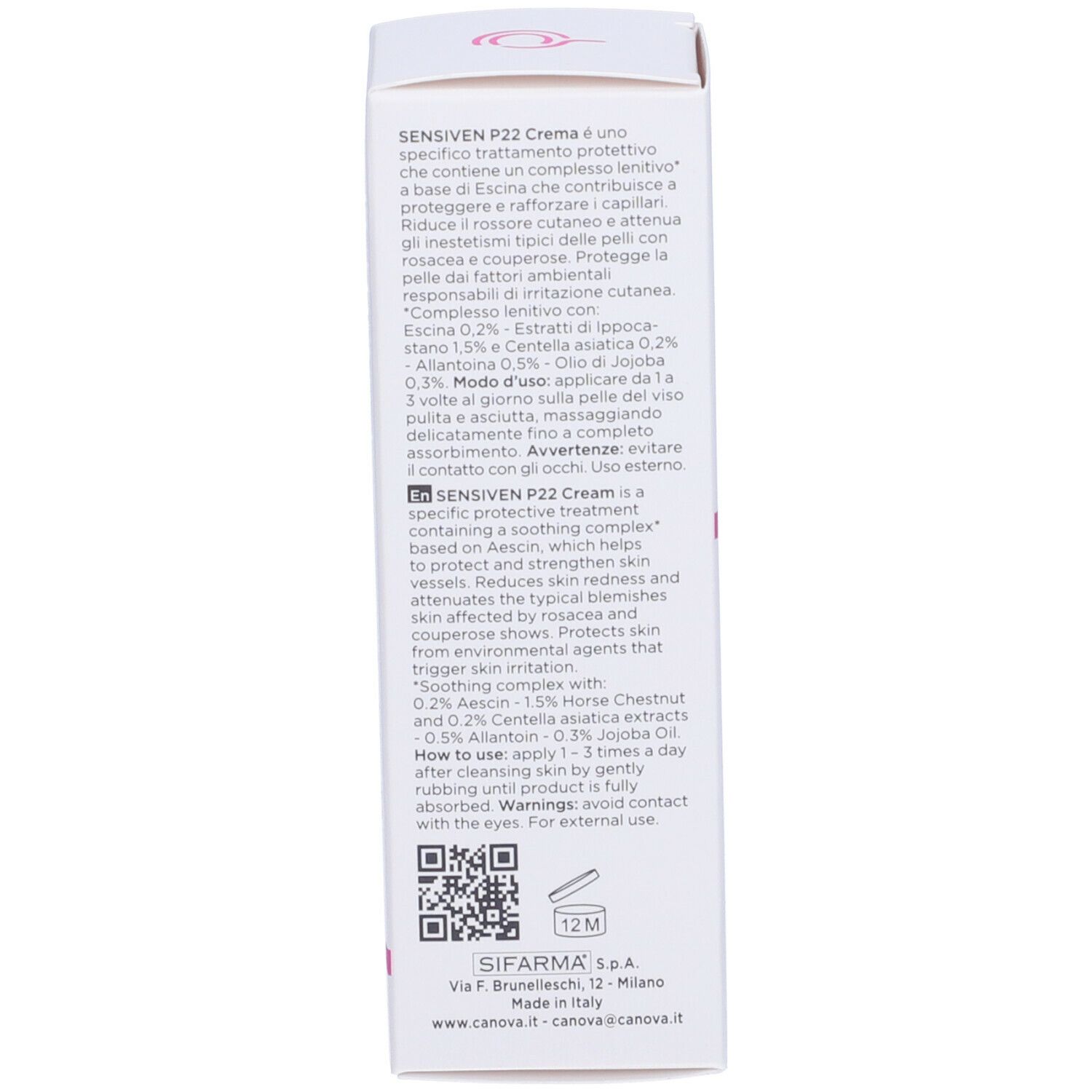 Seitenansicht der Schachtel. Enthält Produktinformationen, Inhaltsstoffe und Anweisungen. Text in Englisch und Italienisch.
