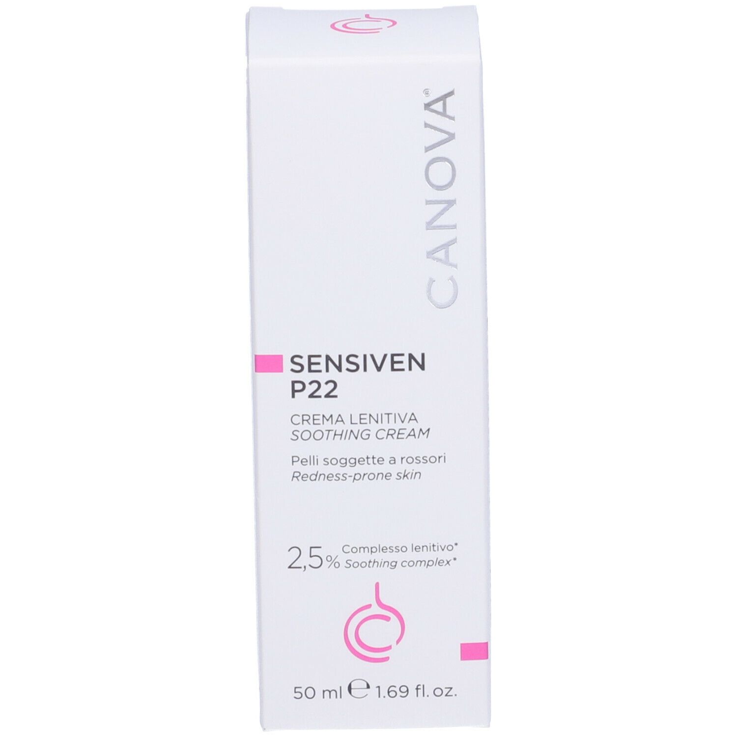 Weiße Schachtel mit CANOVA SENSIVEN P22. Produktname und Logo in Rosa. Enthält beruhigende Creme.