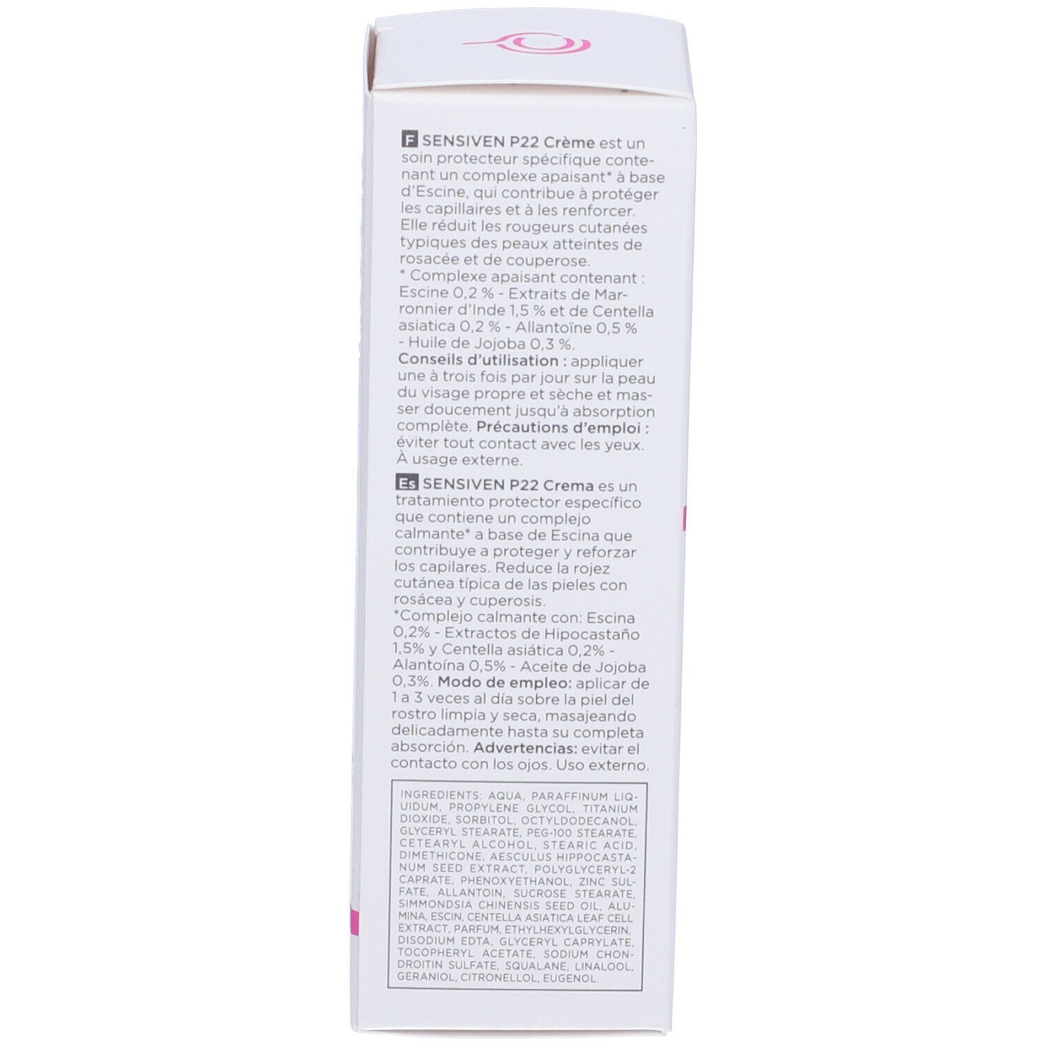 Seitenansicht der Schachtel. Produktinformationen, Inhaltsstoffe und Anwendungshinweise. Text in Französisch und Englisch.