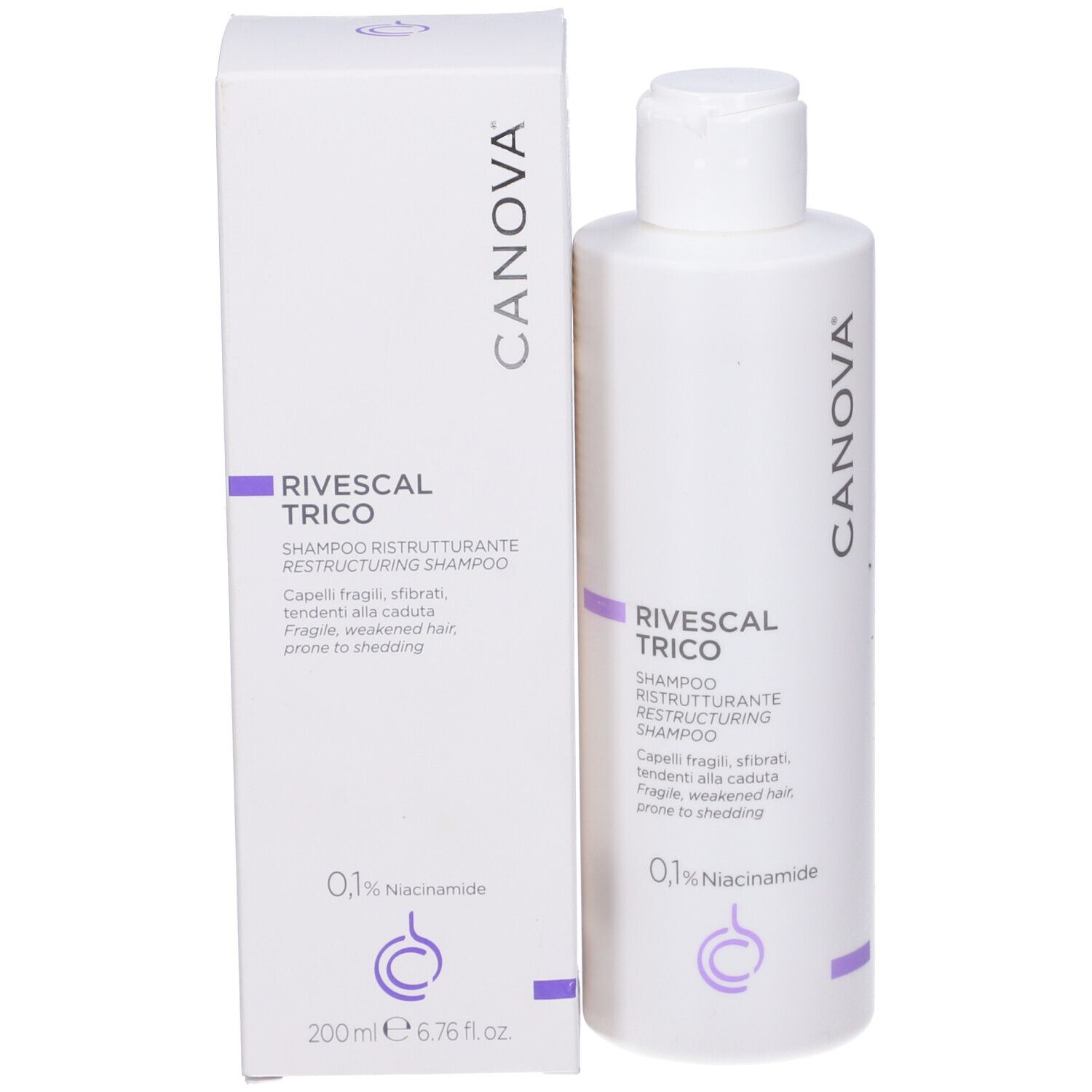 Flacon et boîte blancs. Nom du produit et logo. Contient 0,1% de niacinamide. 200 ml.
