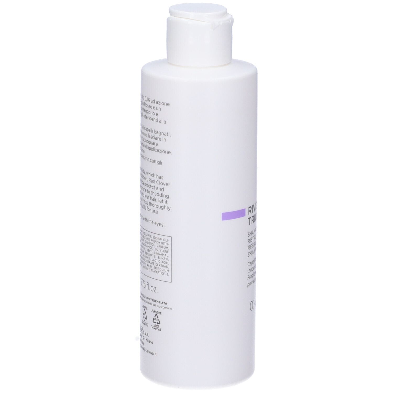 Dos du flacon blanc. Informations textuelles en italien. 200 ml. Avec symboles de recyclage.