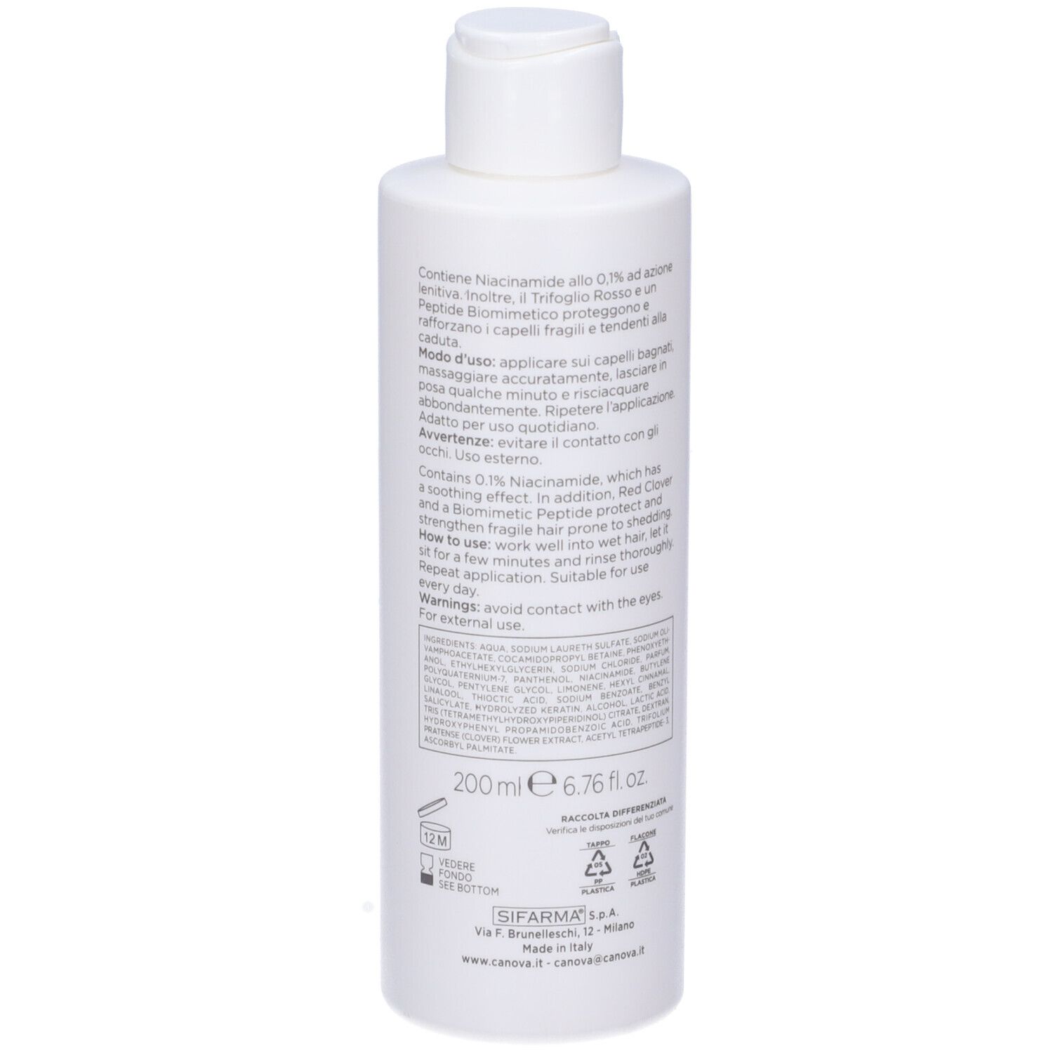 Dos du flacon blanc. Informations textuelles en italien. 200 ml. Avec symboles de recyclage.