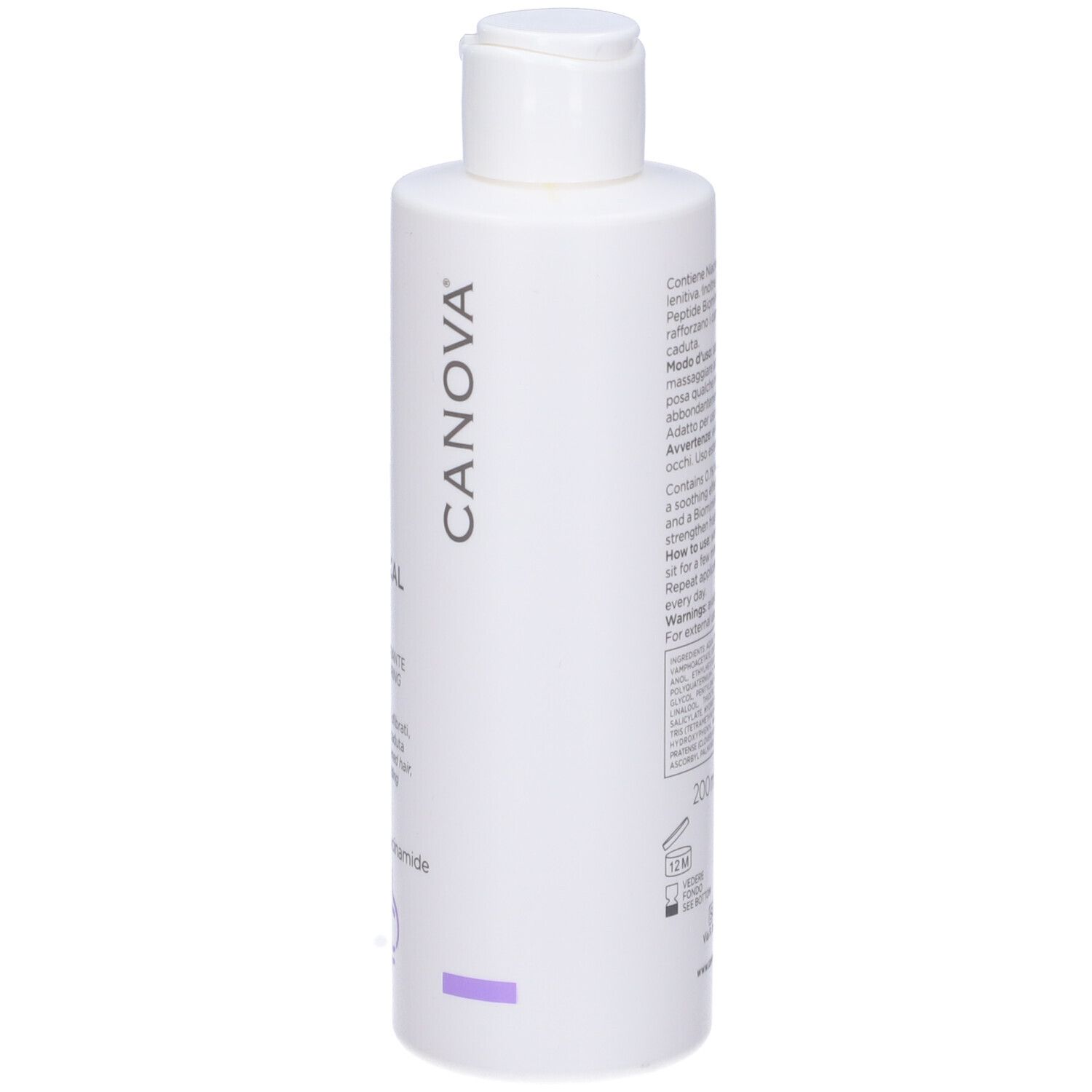 Côté du flacon blanc. Informations textuelles en italien. 200 ml. Avec symboles de recyclage.