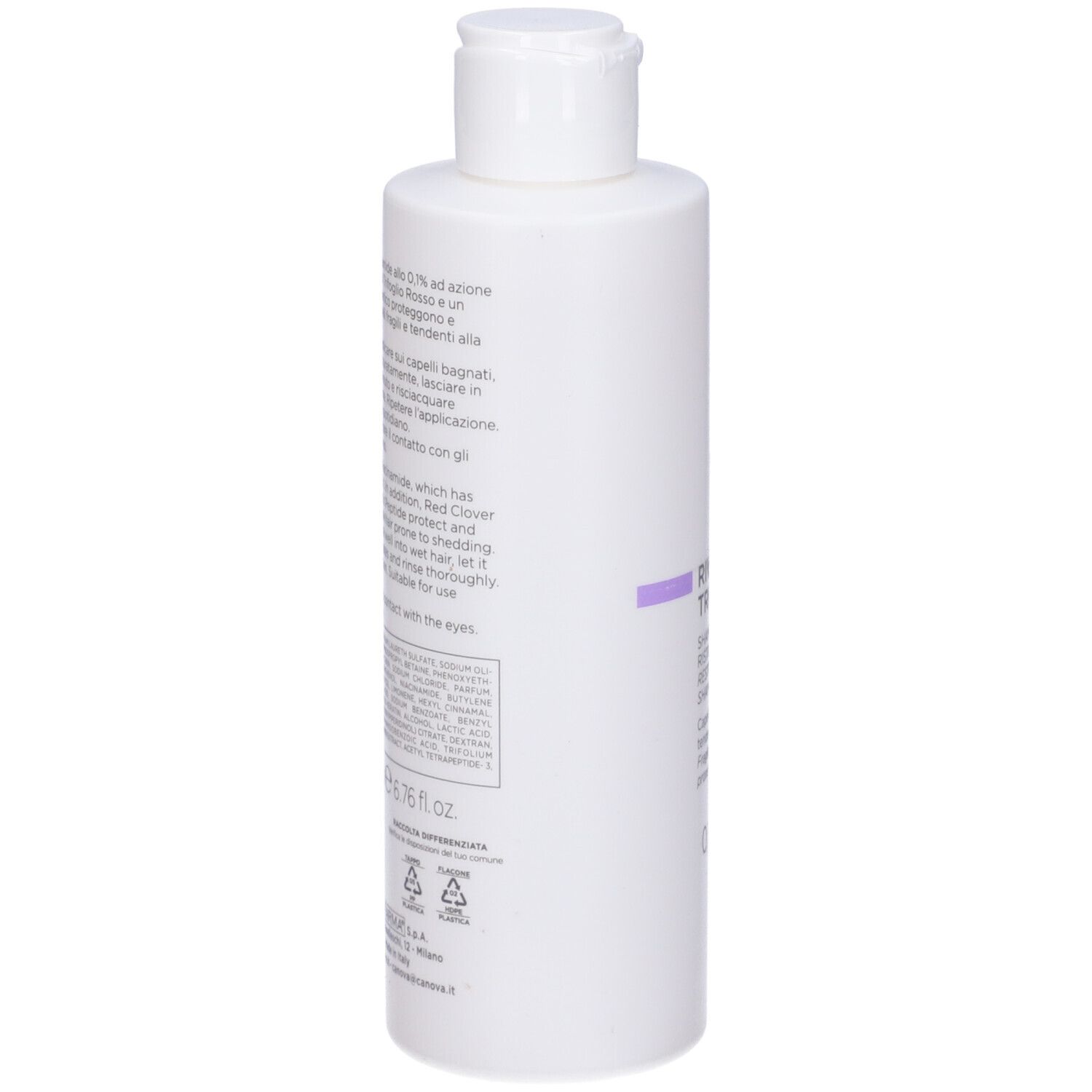 Dos du flacon blanc. Informations textuelles en italien. 200 ml. Avec symboles de recyclage.