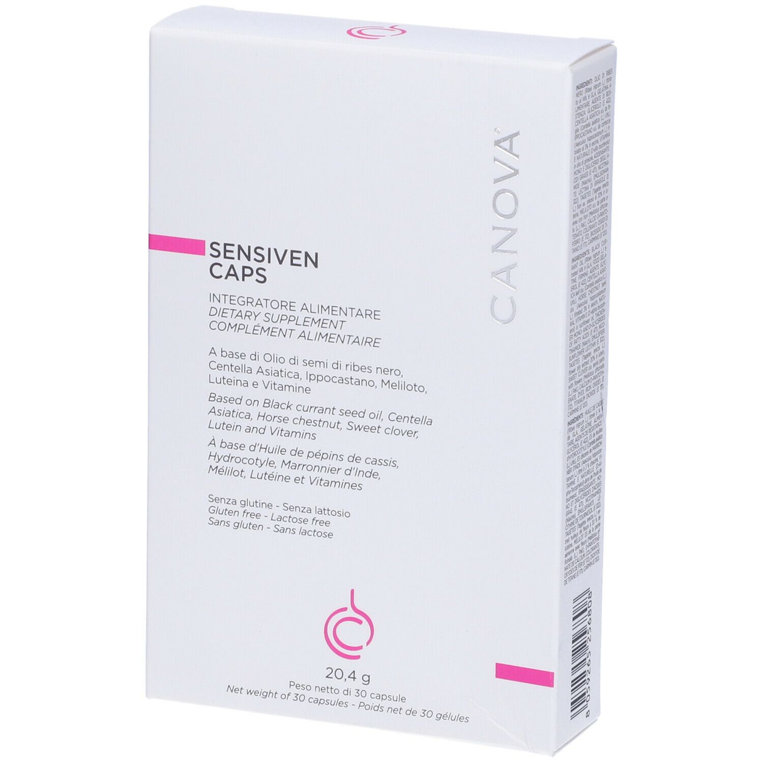 Weiße Schachtel mit rosa Akzenten. Aufschrift: Sensiven Caps, Nahrungsergänzungsmittel. Marke: Canova. 20,4g, 30 Kapseln.
