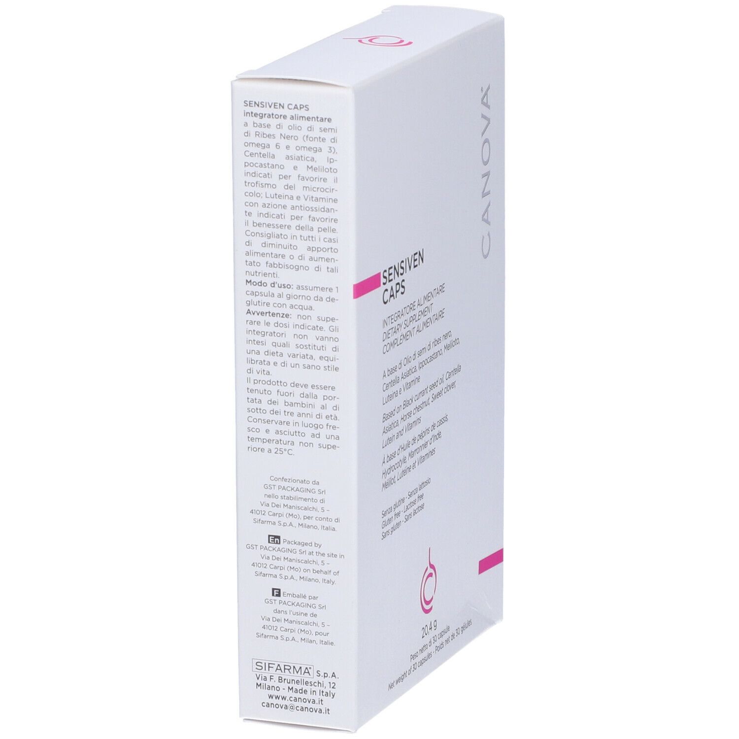 Weiße Schachtel mit rosa Akzenten. Aufschrift: Sensiven Caps, Nahrungsergänzungsmittel. Marke: Canova. Rückseite mit Text.