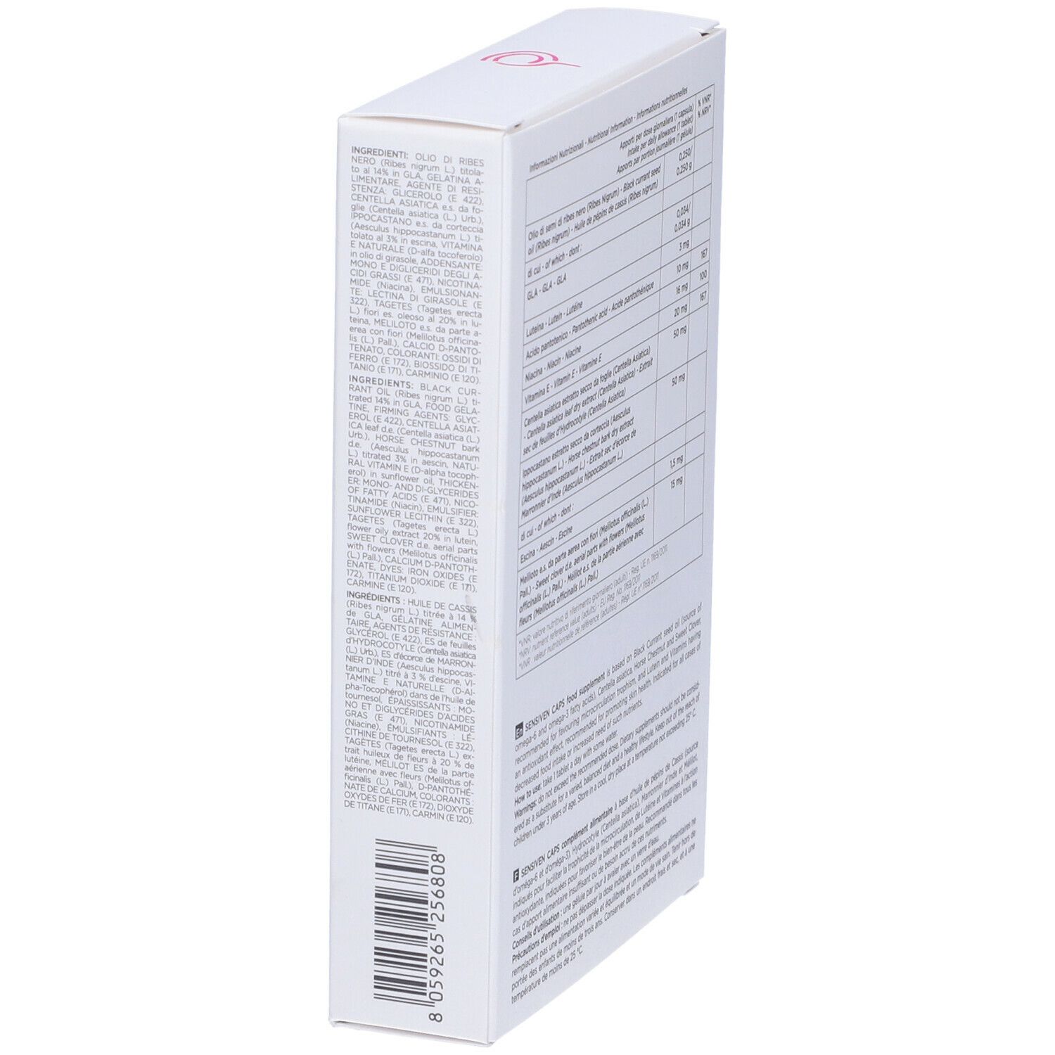 Weiße Schachtel mit rosa Akzenten. Aufschrift: Sensiven Caps, Nahrungsergänzungsmittel. Marke: Canova. Rückseite mit Text und Barcode.