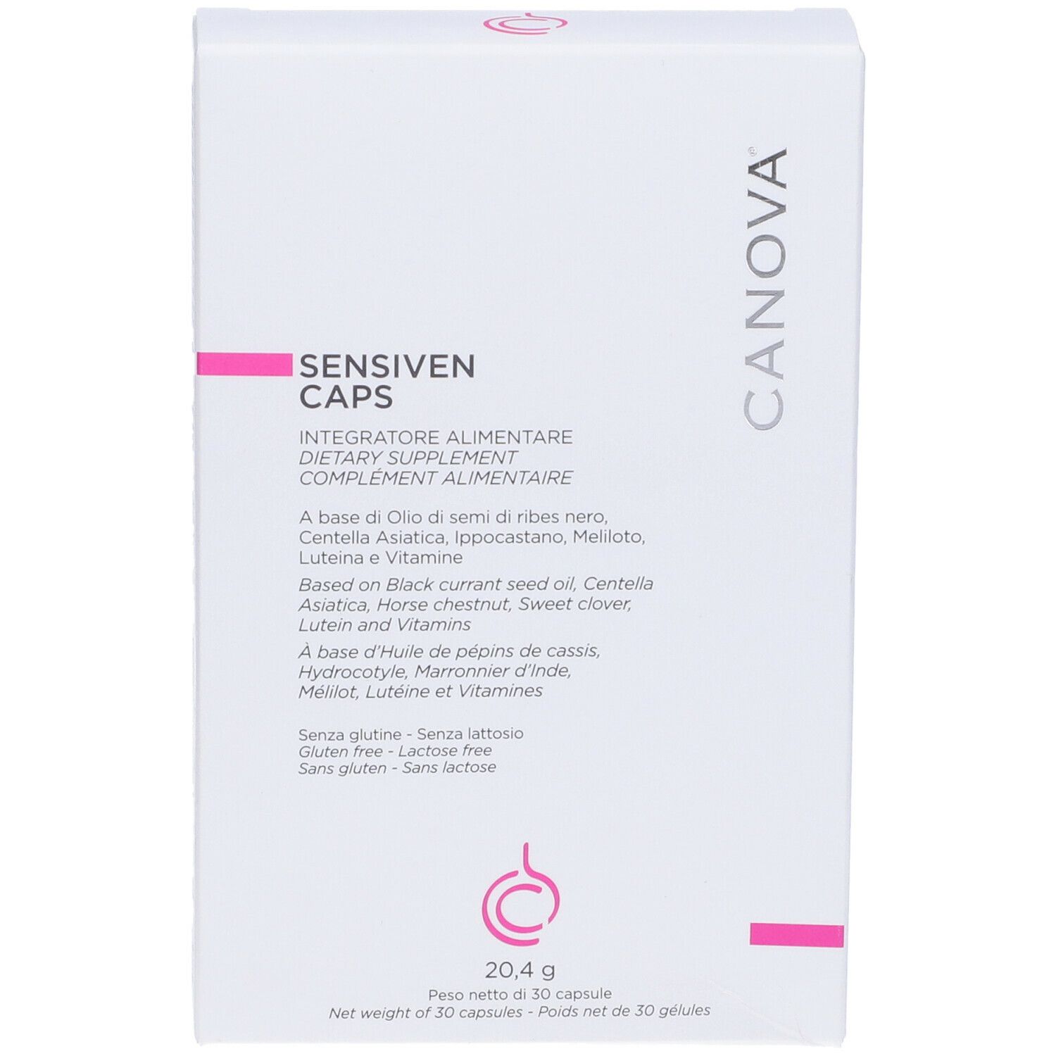 Weiße Schachtel mit rosa Akzenten. Aufschrift: Sensiven Caps, Nahrungsergänzungsmittel. Marke: Canova. 20,4g, 30 Kapseln.