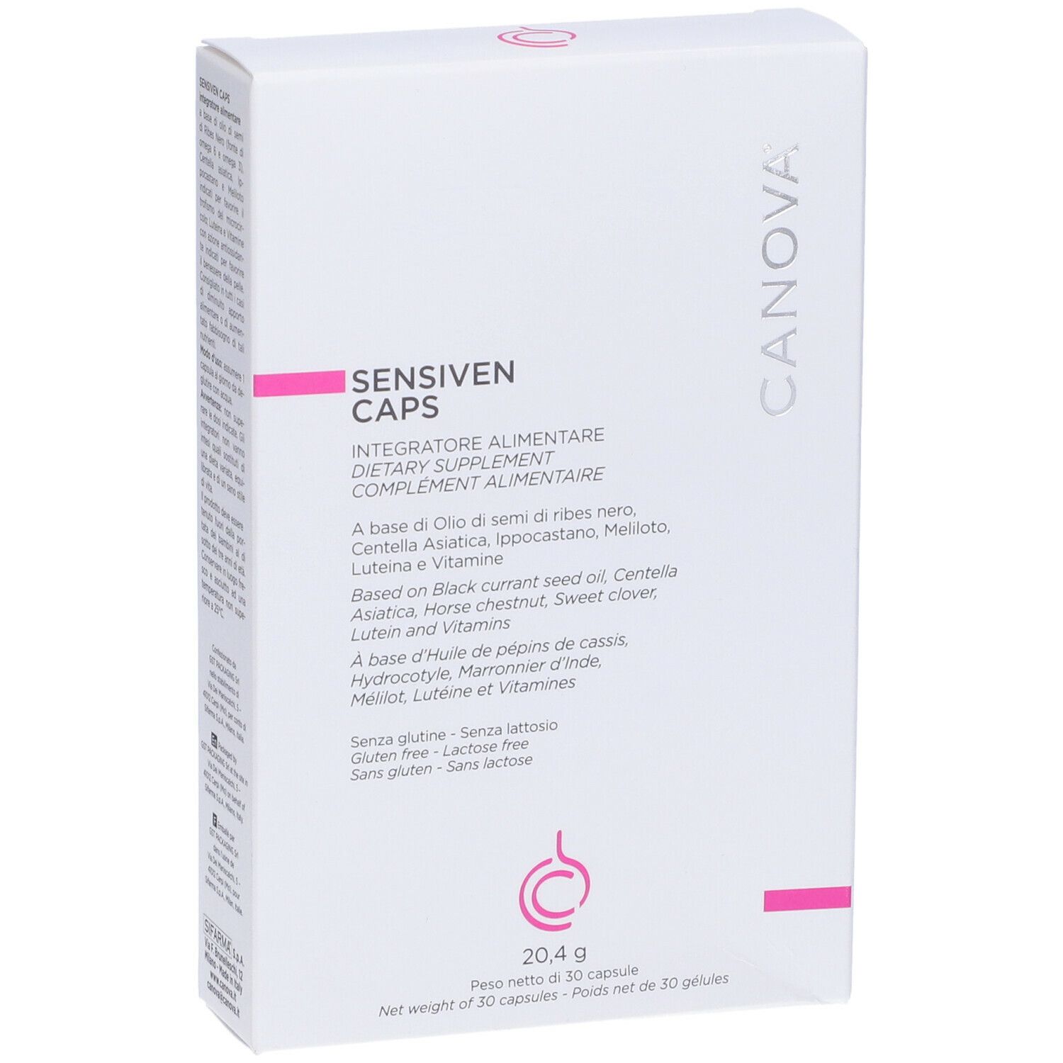 Weiße Schachtel mit rosa Akzenten. Aufschrift: Sensiven Caps, Nahrungsergänzungsmittel. Marke: Canova. 20,4g, 30 Kapseln.