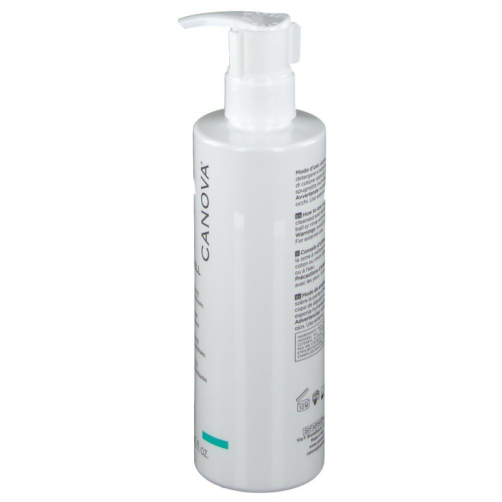 Flacon blanc avec pompe doseuse. Inscription: CANOVA. Texte en plusieurs langues.