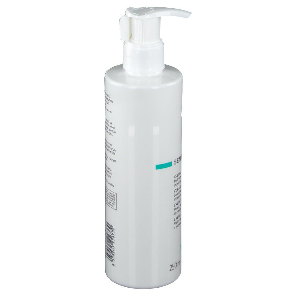 Flacon blanc avec pompe doseuse. Inscription: SENSIQUELL, CREMA DETERGENTE, 250 ml.