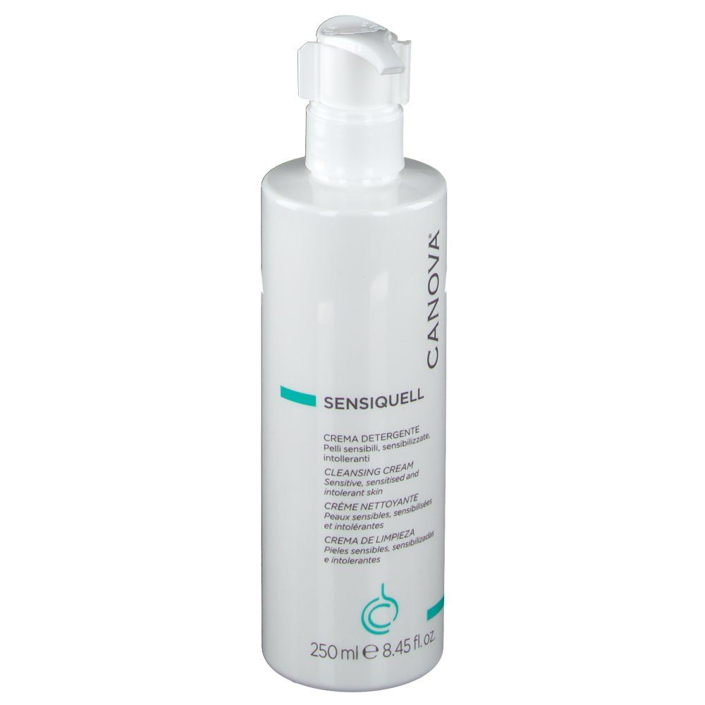 Flacon blanc avec pompe doseuse. Inscription: CANOVA, SENSIQUELL, CREMA DETERGENTE, 250 ml.