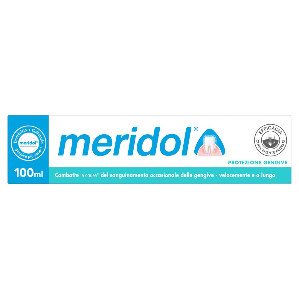 Tube de dentifrice blanche et bleue. Inscription : meridol, 100ml. Avec symbole de dent et de gencive.