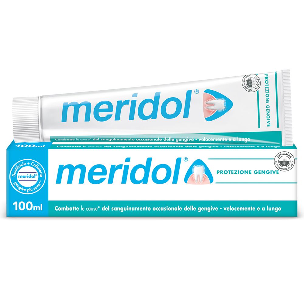 Tube et emballage de dentifrice. Blanc et bleu. Inscription : meridol, 100ml. Avec symbole dent et gencive.
