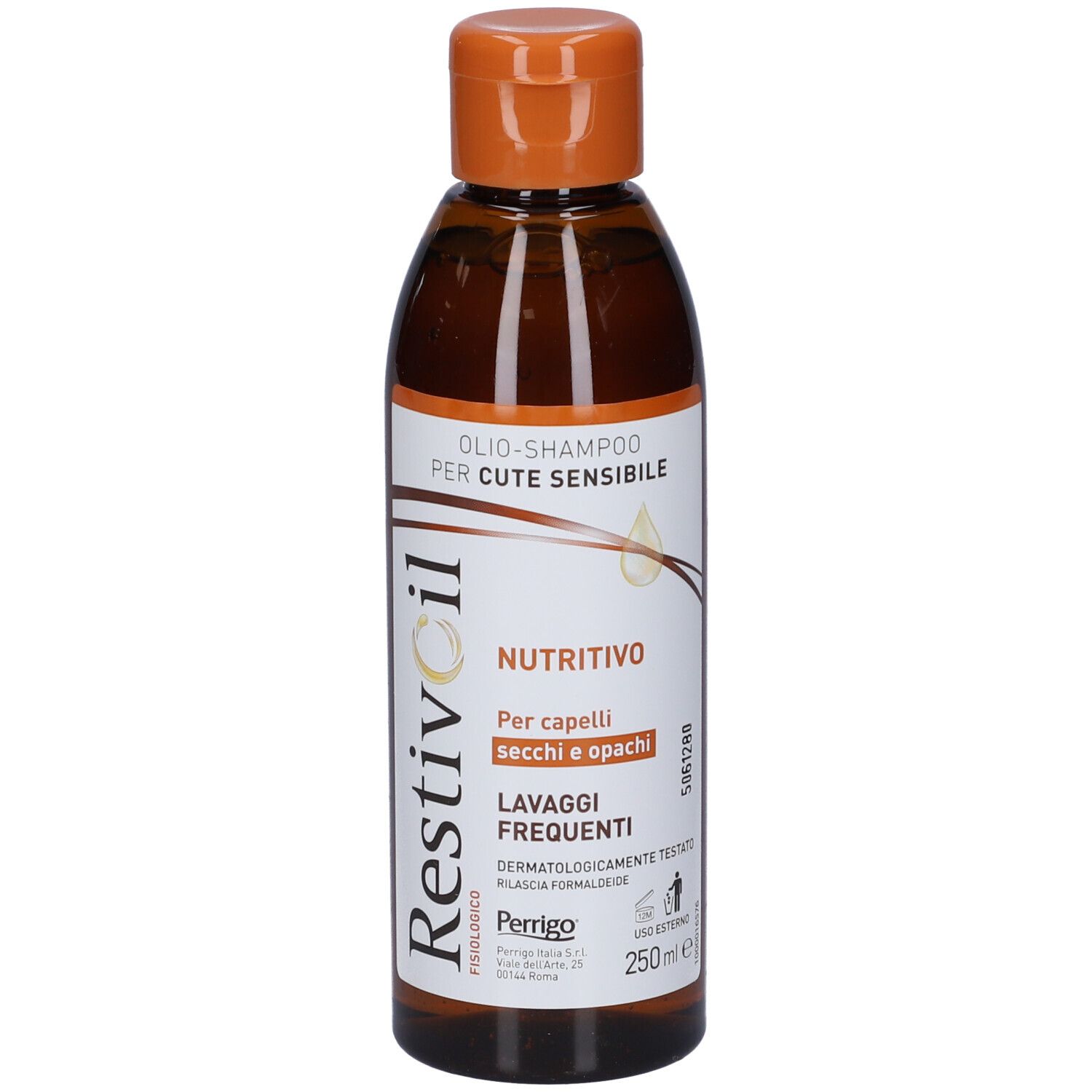 Braune Flasche mit orangefarbenem Deckel. Aufschrift: Restivoil, Olio-Shampoo, Nutritivo. Für trockene und stumpfe Haare. Dermatologisch getestet.