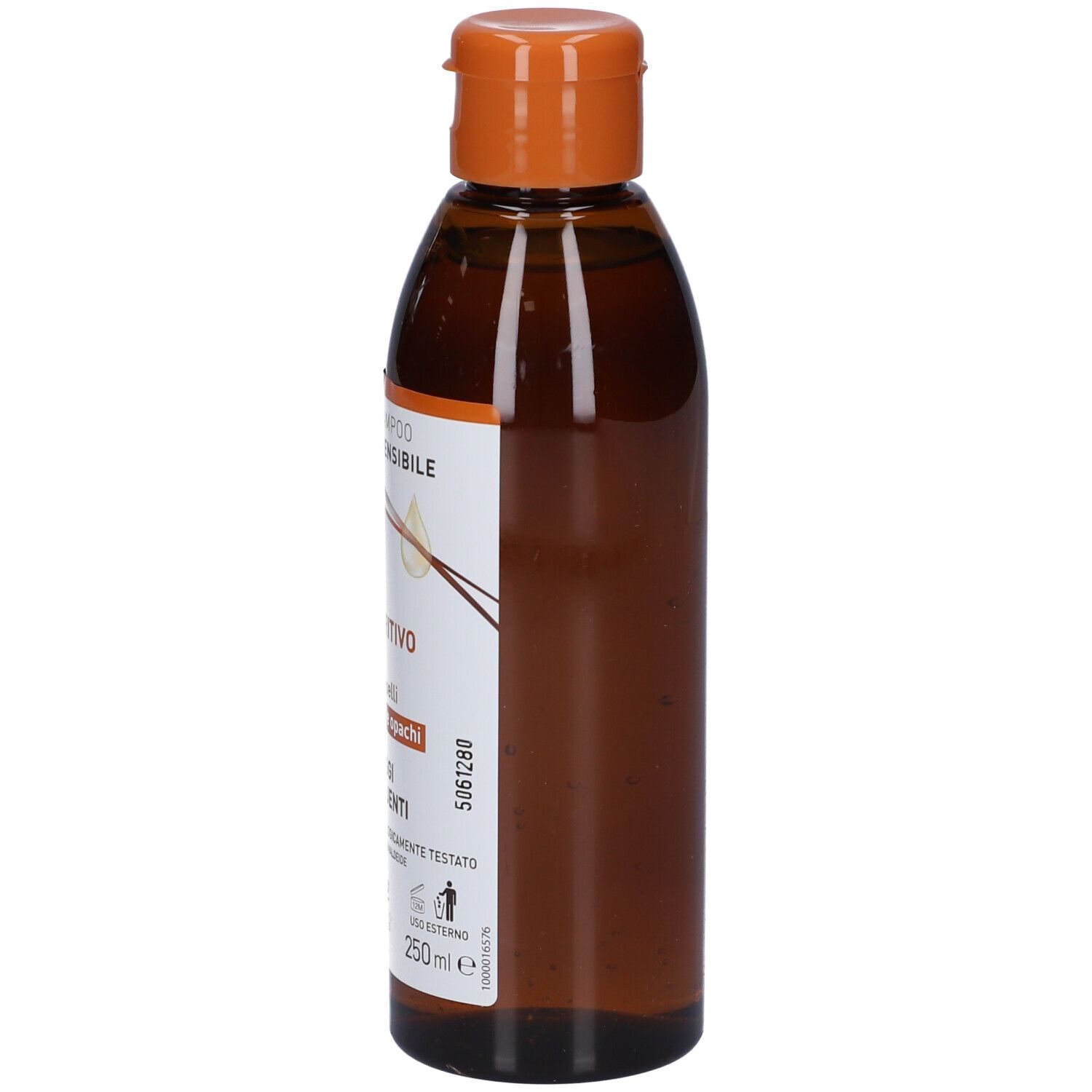 Braune Flasche mit orangefarbenem Deckel. Aufschrift: Restivoil, Olio-Shampoo, Nutritivo. Flasche steht schräg.