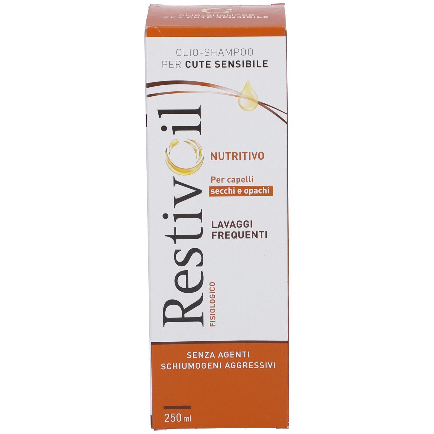 Kartonverpackung mit Aufschrift: Restivoil, Olio-Shampoo, Nutritivo. Für trockene und stumpfe Haare. Ohne aggressive Schaumbildner.