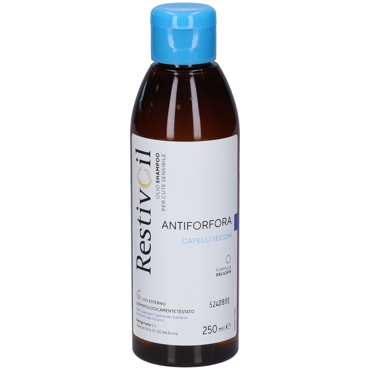Braune Flasche mit blauem Deckel. Aufschrift: Restivoil, Öl-Shampoo für empfindliche Haut. Text: Antiforfora, Capelli Secchi.