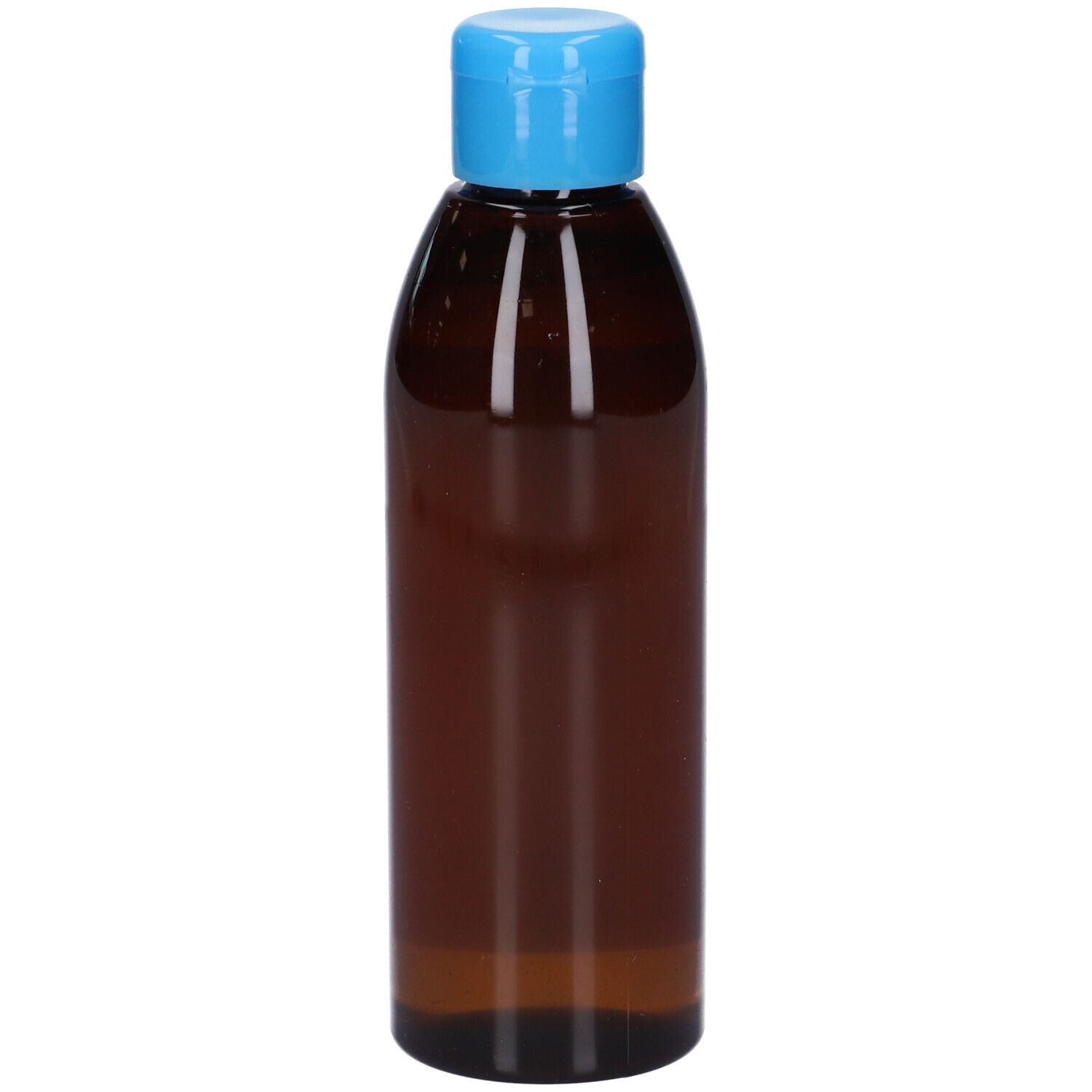 Braune Flasche mit blauem Deckel. Keine weiteren Details sichtbar.