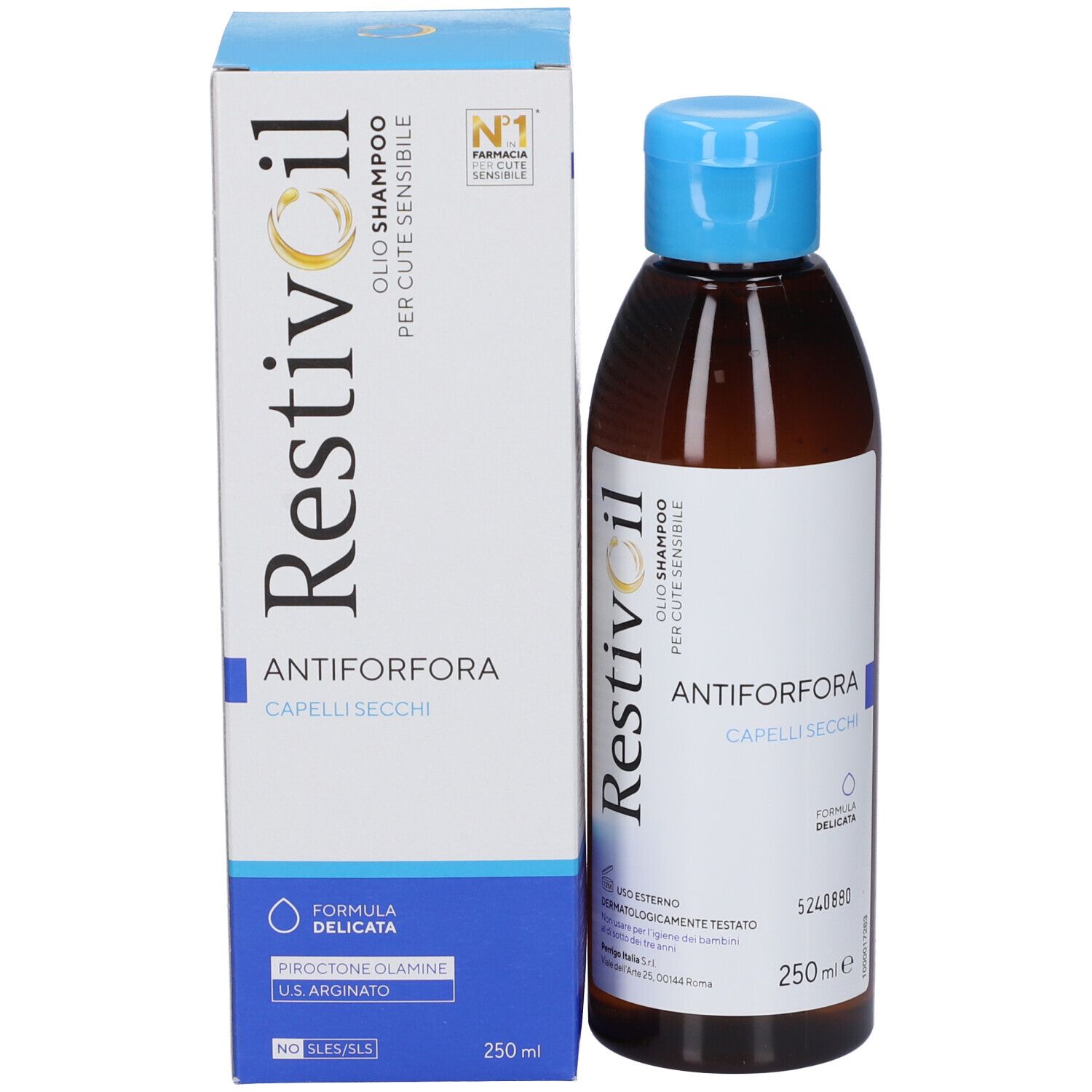Produktflasche und Verpackung. Aufschrift: Restivoil, Öl-Shampoo für empfindliche Haut. Text: Antiforfora, Capelli Secchi.