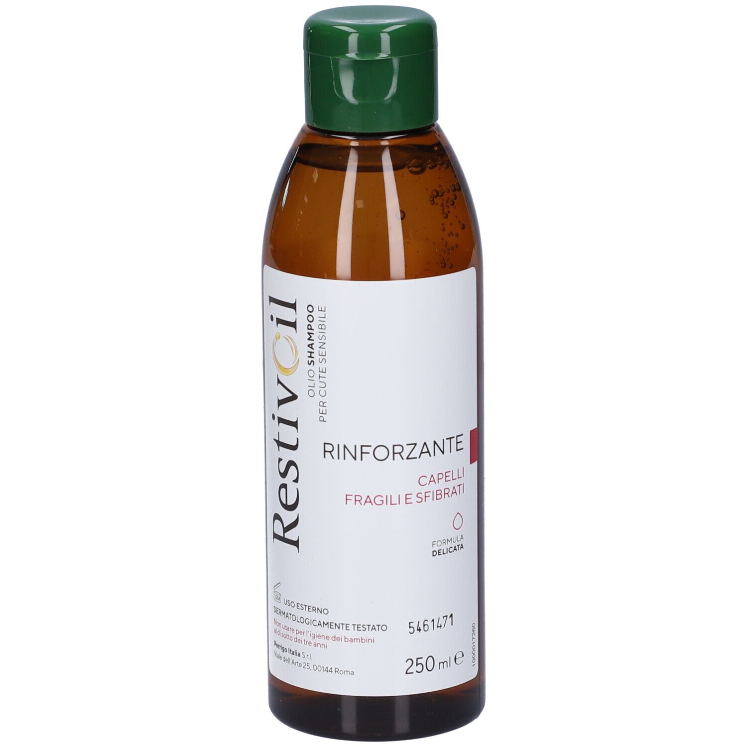 Braune Flasche mit grünem Deckel. Aufschrift: Restivoil, Rinforzante, Capelli fragili e sfibrati. 250 ml.