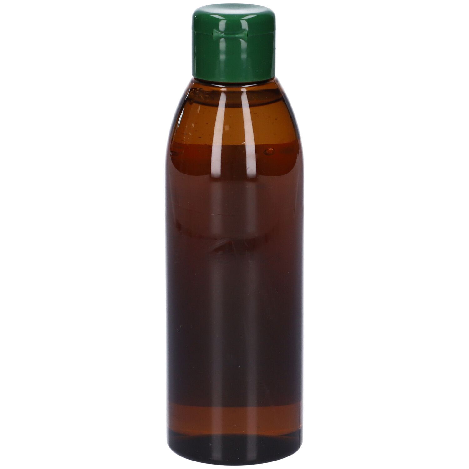 Braune Flasche mit grünem Deckel. Keine Beschriftung sichtbar.