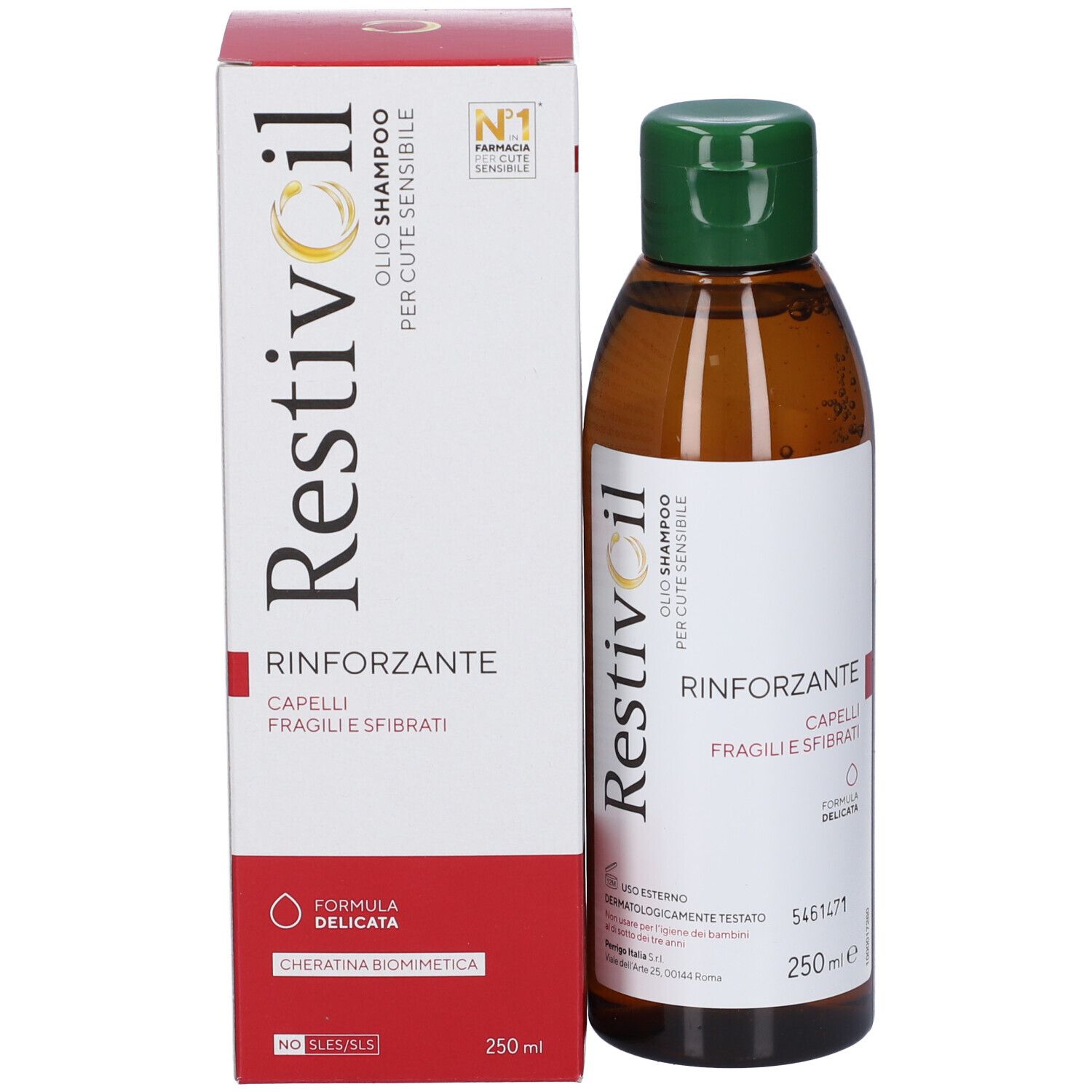 Restivoil-Flasche und -Verpackung. Flasche: braun, grüner Deckel. Verpackung: weiß, rot. Aufschrift: Rinforzante, 250 ml.