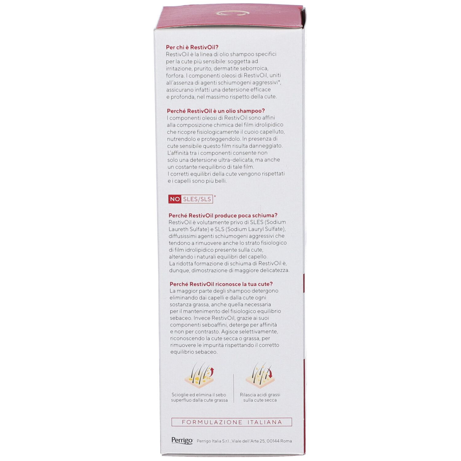 Verpackung von Restivoil. Text auf Italienisch. Rote und weiße Farben. Informationen zum Produkt.