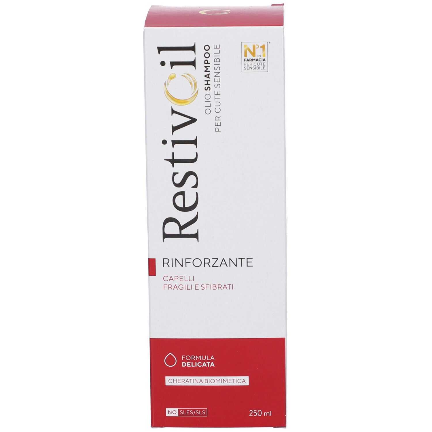 Restivoil-Verpackung. Weiß und rot. Aufschrift: Rinforzante, Capelli fragili e sfibrati. 250 ml.