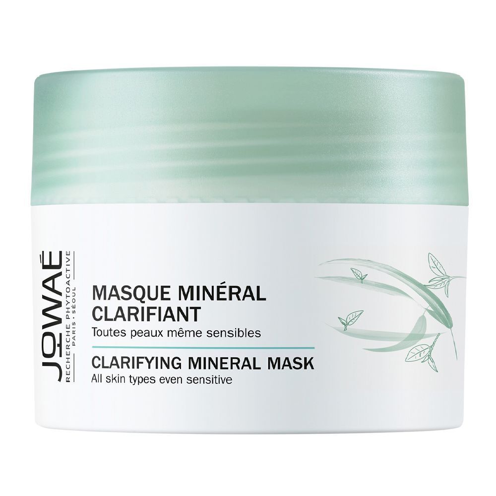 Pot blanc avec couvercle vert. Inscription: Masque Minéral Clarifiant, Clarifying Mineral Mask.