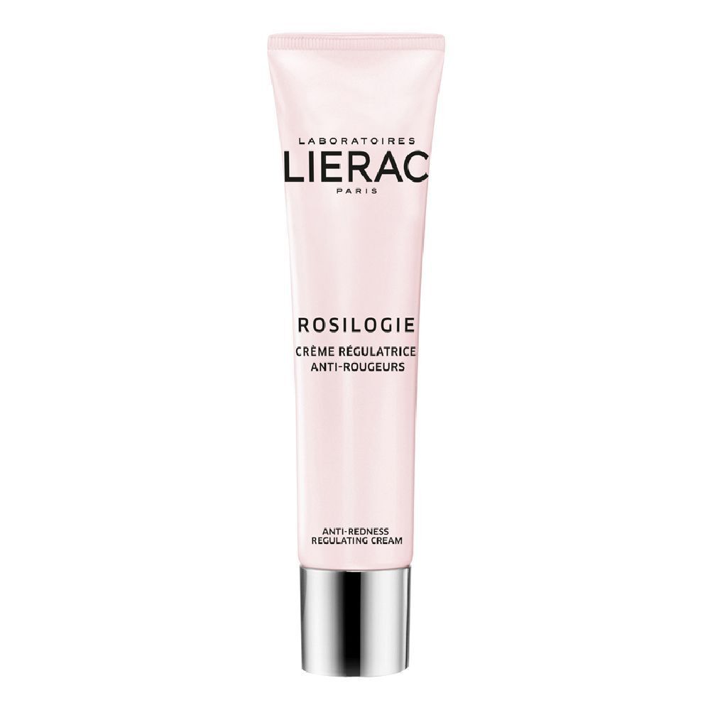 Creme-Tube, rosa, mit silberfarbenem Deckel. Aufschrift: LIERAC PARIS, ROSILOGIE, Creme régulatrice anti-rougeurs.
