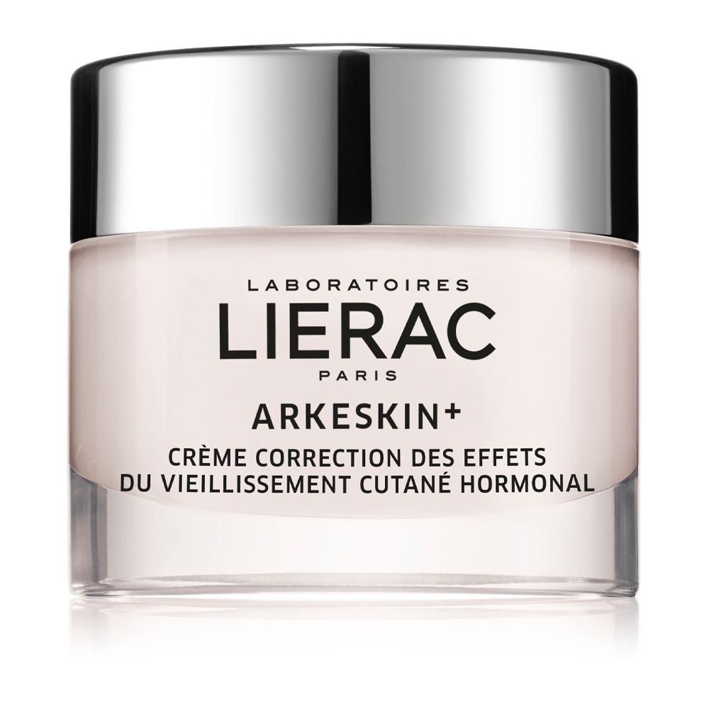 Pot de crème avec couvercle argenté. Inscription: LIERAC PARIS, ARKÉSKIN+, Crème Correction des effets du vieillissement cutané hormonal.