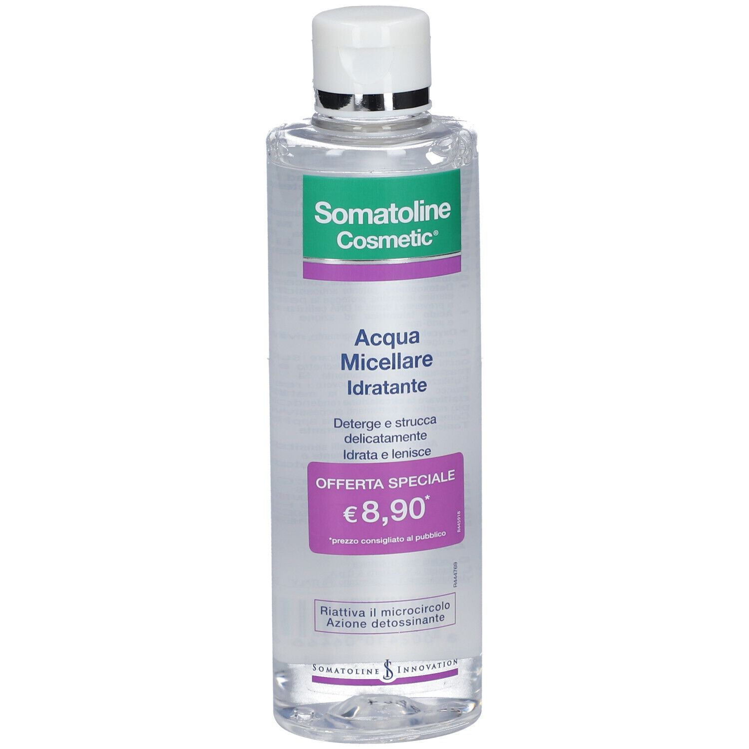 Flacon transparent avec bouchon blanc. Étiquette "Somatoline Cosmetic", "Acqua Micellare Idratante" et prix.