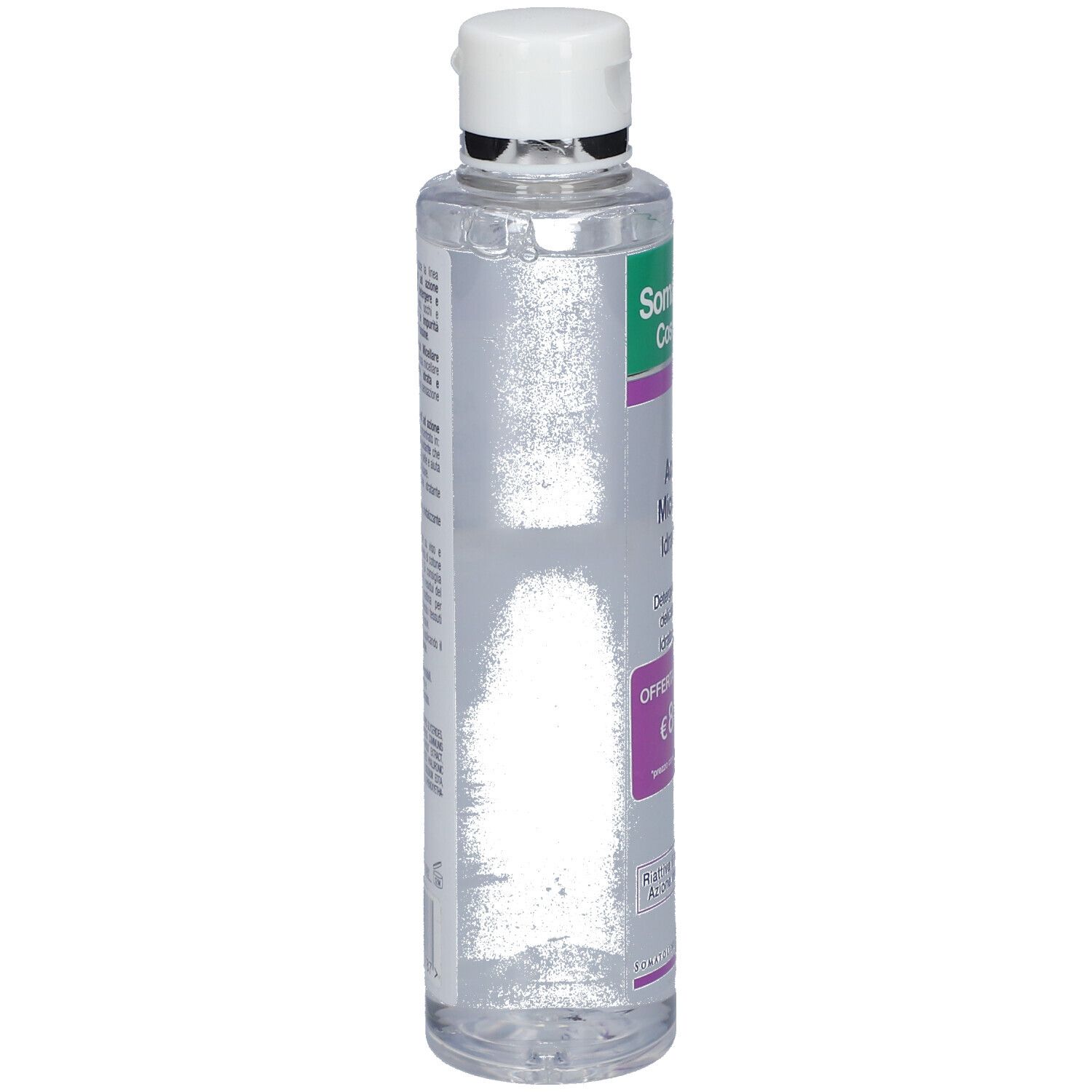 Flacon transparent, bouchon blanc. Vue latérale avec étiquette. Texte : "Somatoline Cosmetic", "Acqua Micellare Idratante".