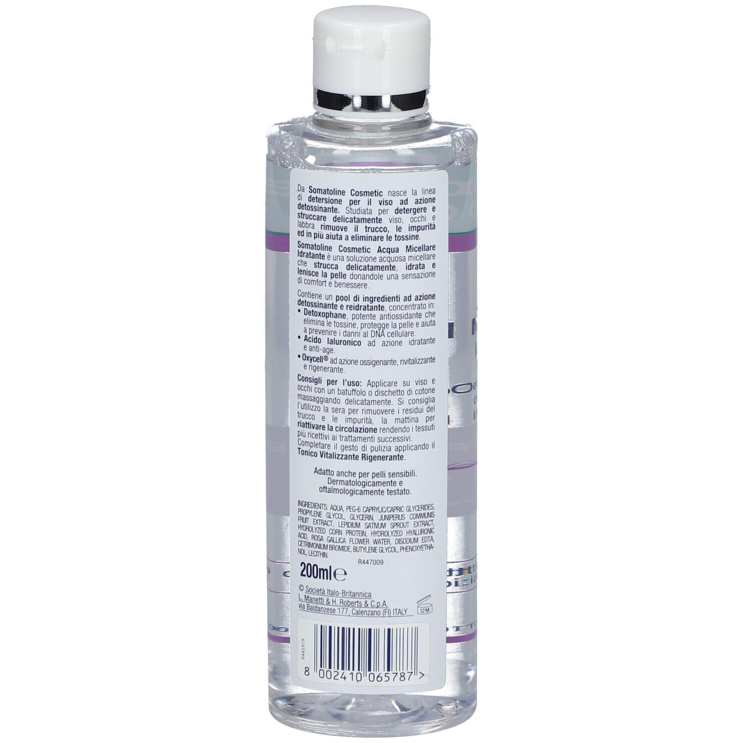 Dos du flacon. Texte : "Somatoline Cosmetic", ingrédients, conseils d'utilisation, 200ml.
